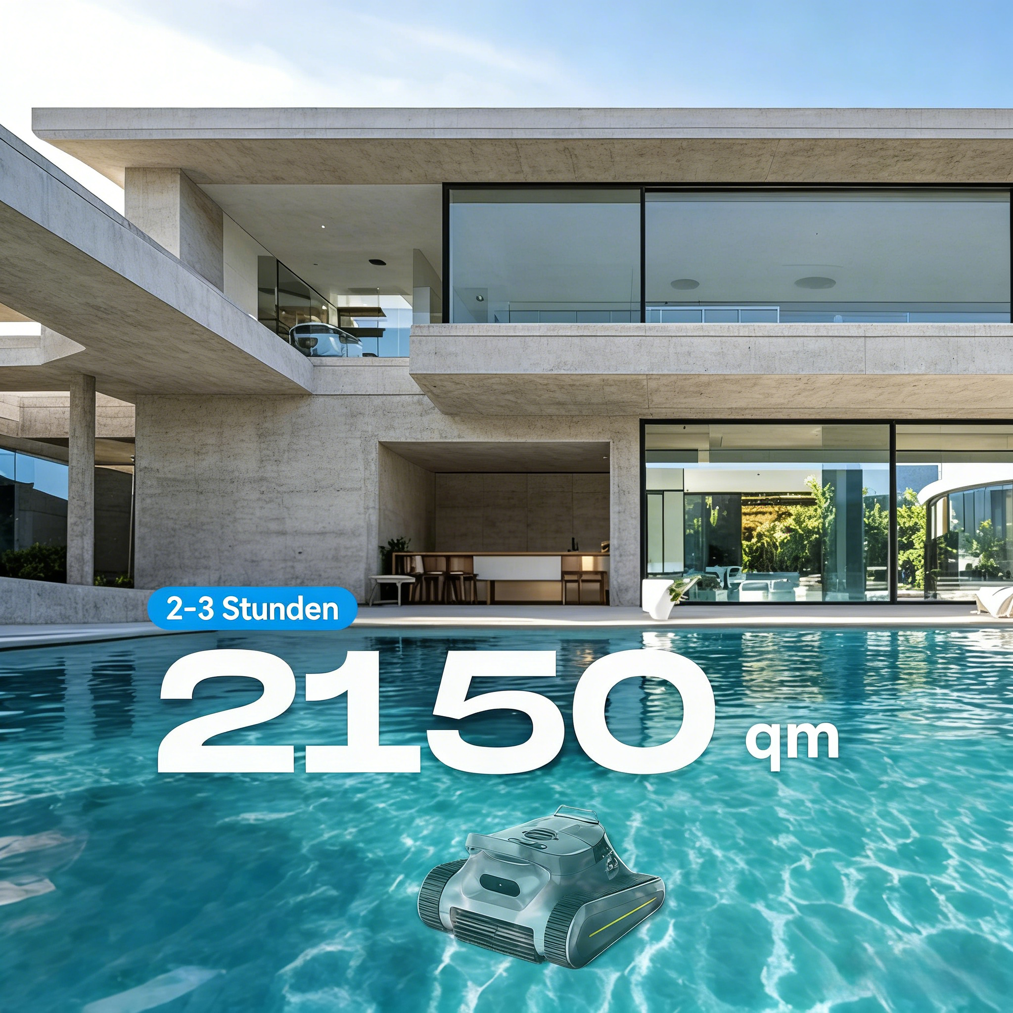 Ein Poolreiniger fährt im Pool eines modernen Hauses.
