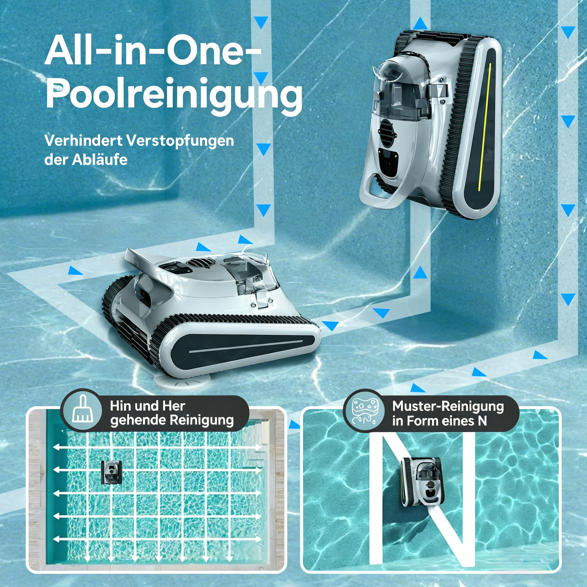 Ein Poolreiniger fährt an einer Poolwand. Zwei Darstellungen zeigen Reinigungsmuster.