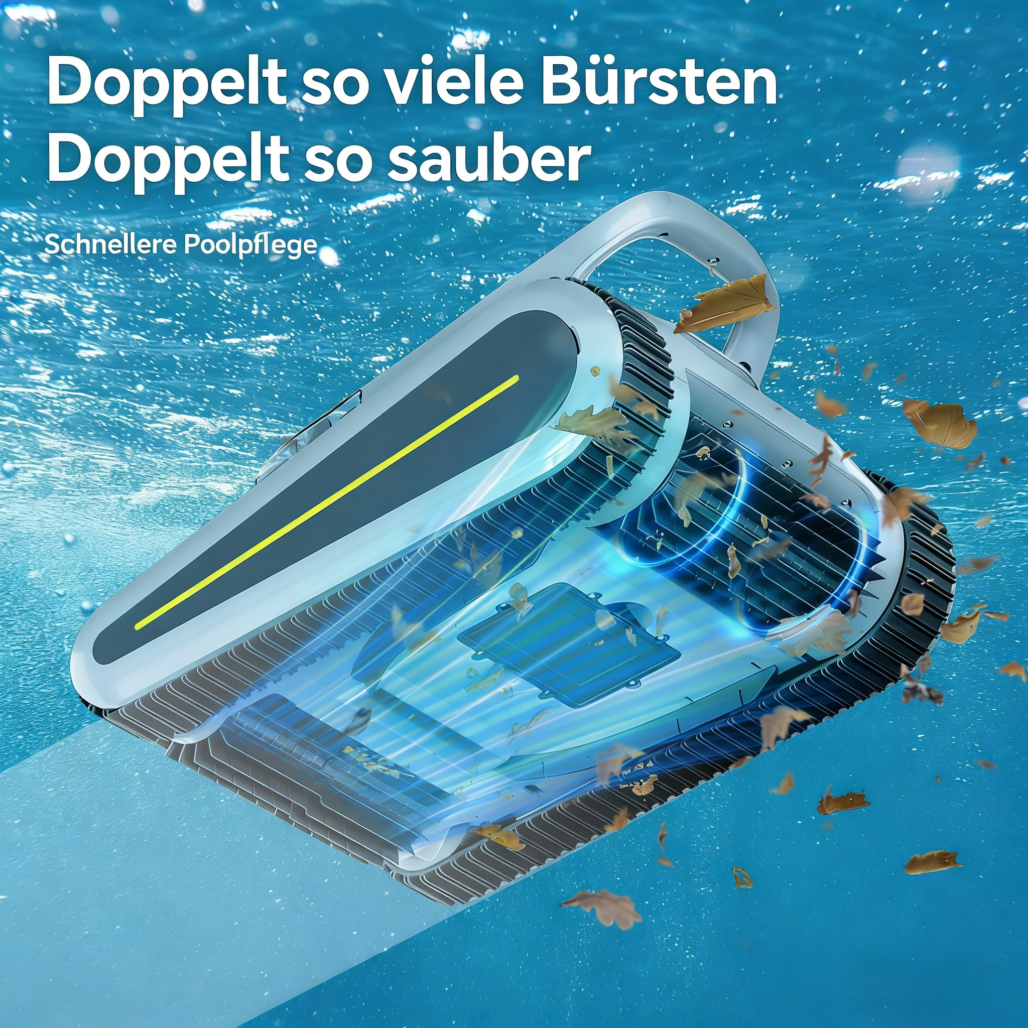 Ein Poolreiniger saugt Blätter im blauen Wasser auf.