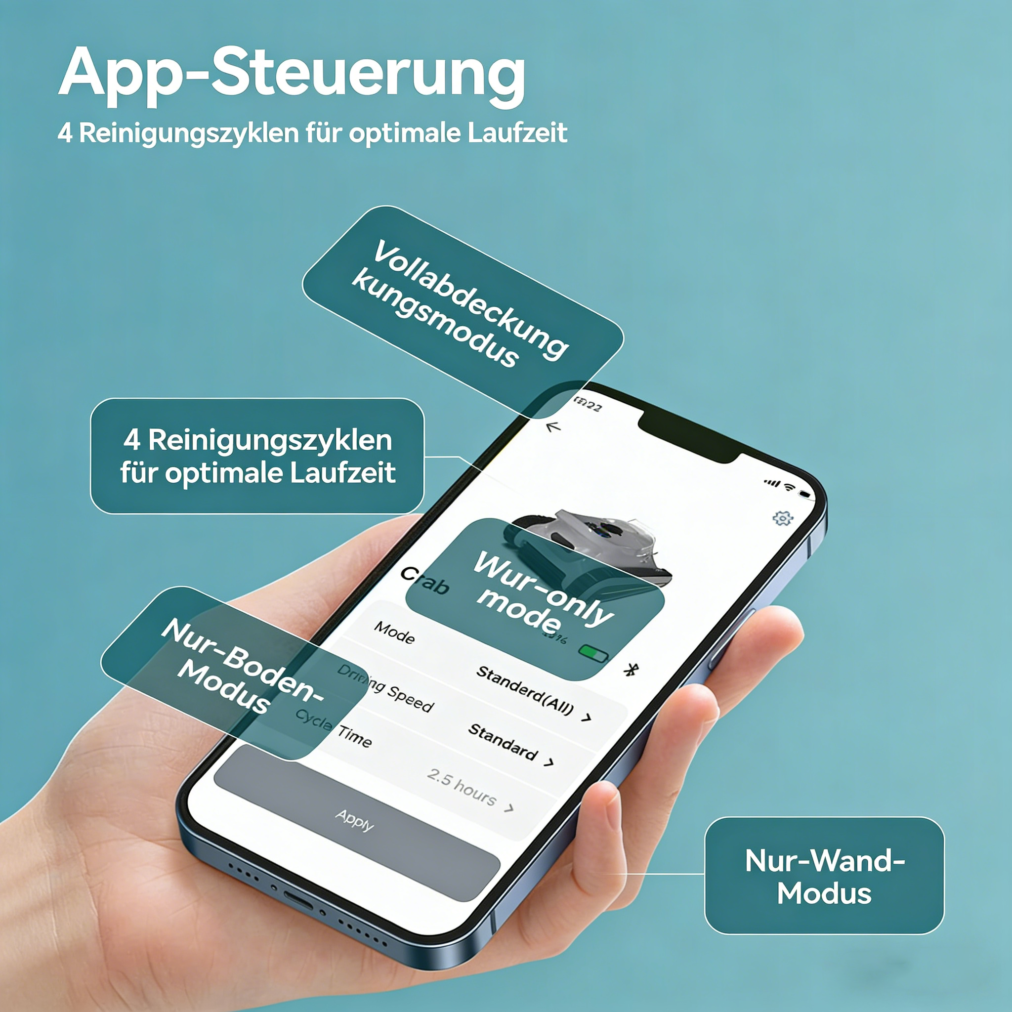 Eine Hand hält ein Smartphone, das eine App zur Steuerung eines Reinigungsroboters anzeigt.