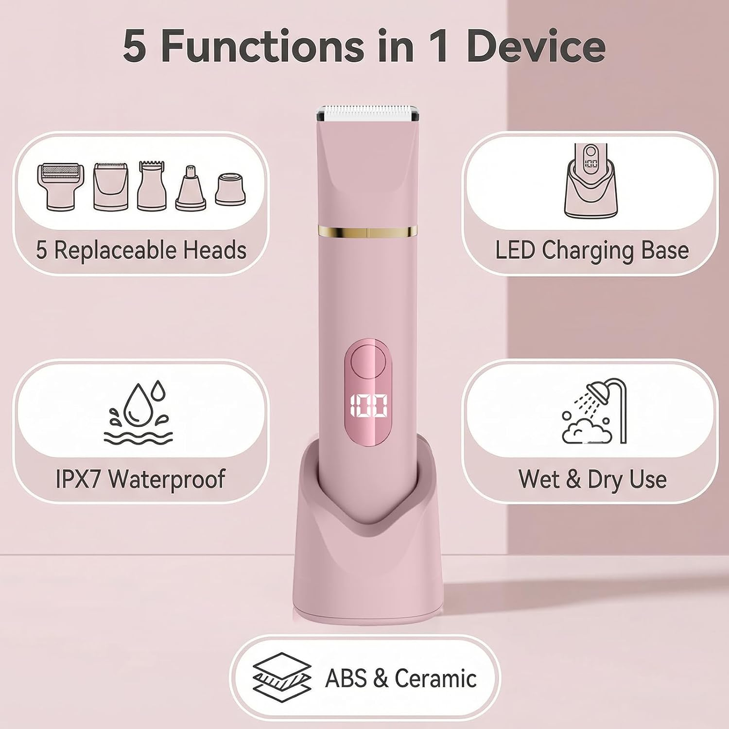 Pinker Haartrimmer mit 5 Funktionen: wechselbare Köpfe, LED-Basis, wasserdicht, Nass-/Trockengebrauch, ABS/Keramik.