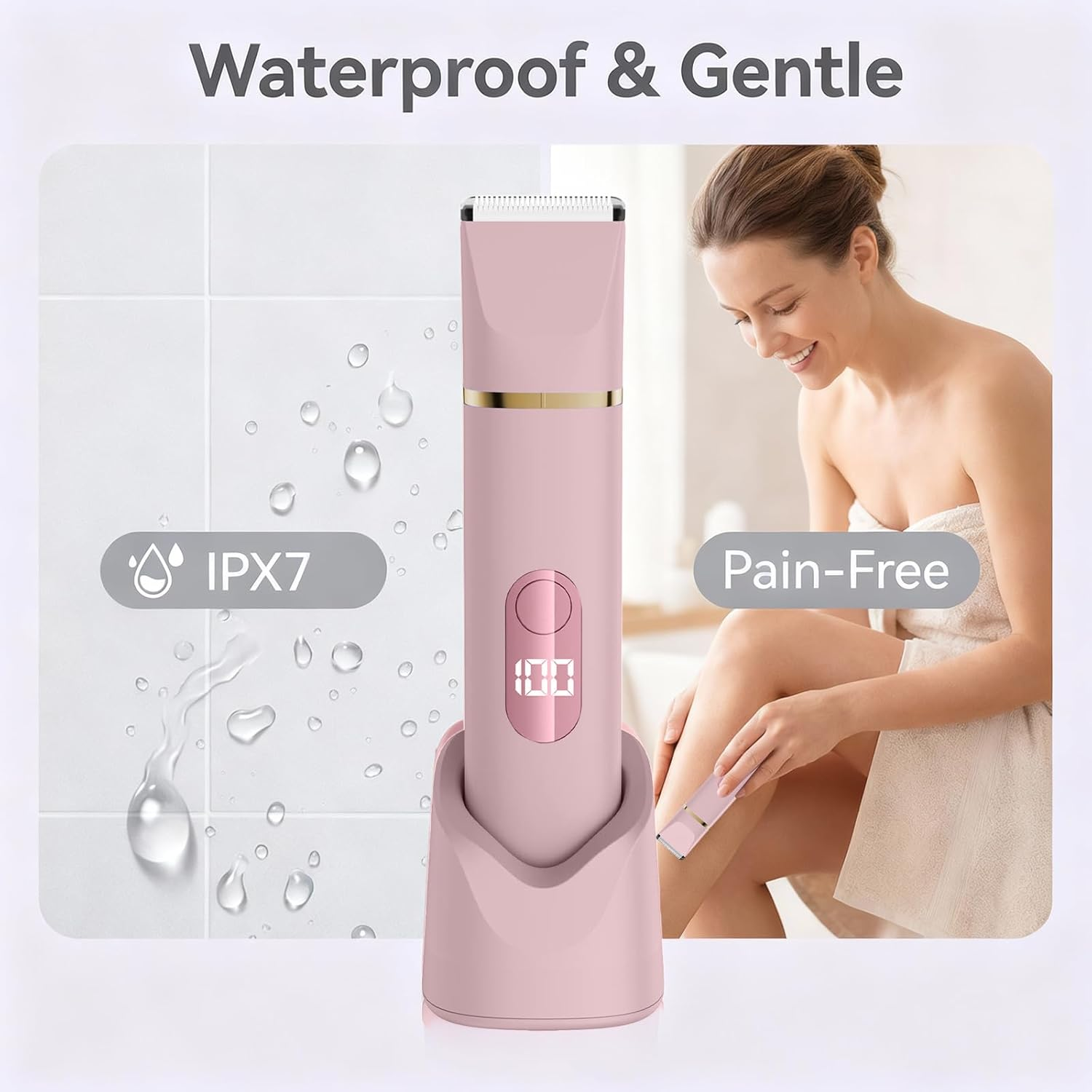 Eine Frau benutzt einen rosa Epilierer an ihrem Bein. Wasserdichte, schmerzfreie Anwendung.