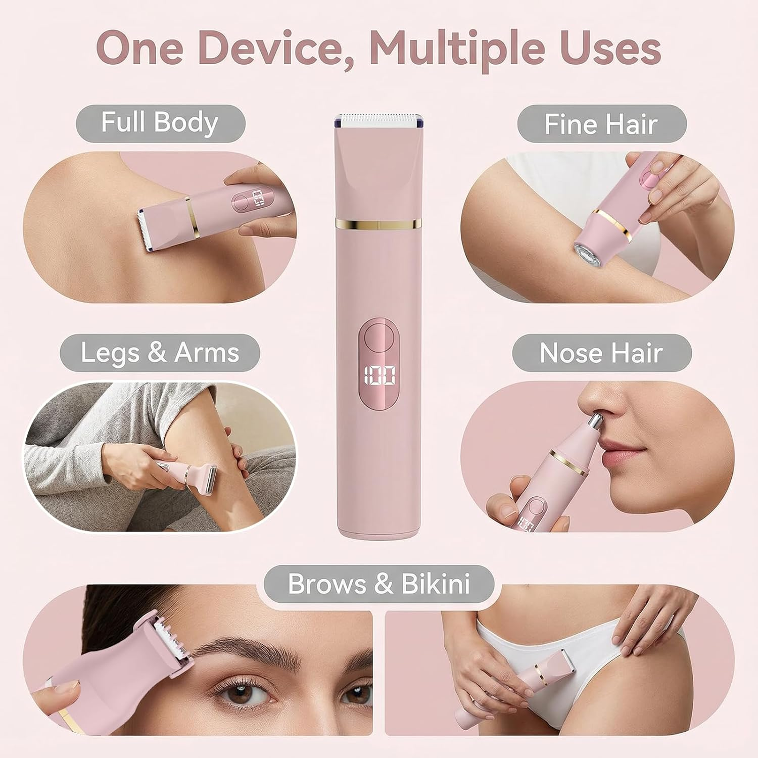 Ein rosa Trimmer wird für verschiedene Körperbereiche gezeigt, darunter Beine, Achseln, Nase und Augenbrauen.