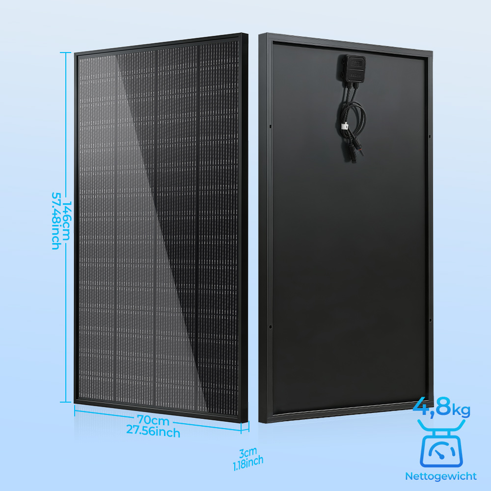 Ein schwarzes Solarmodul, Vorder- und Rückseite gezeigt, mit Maßen.
