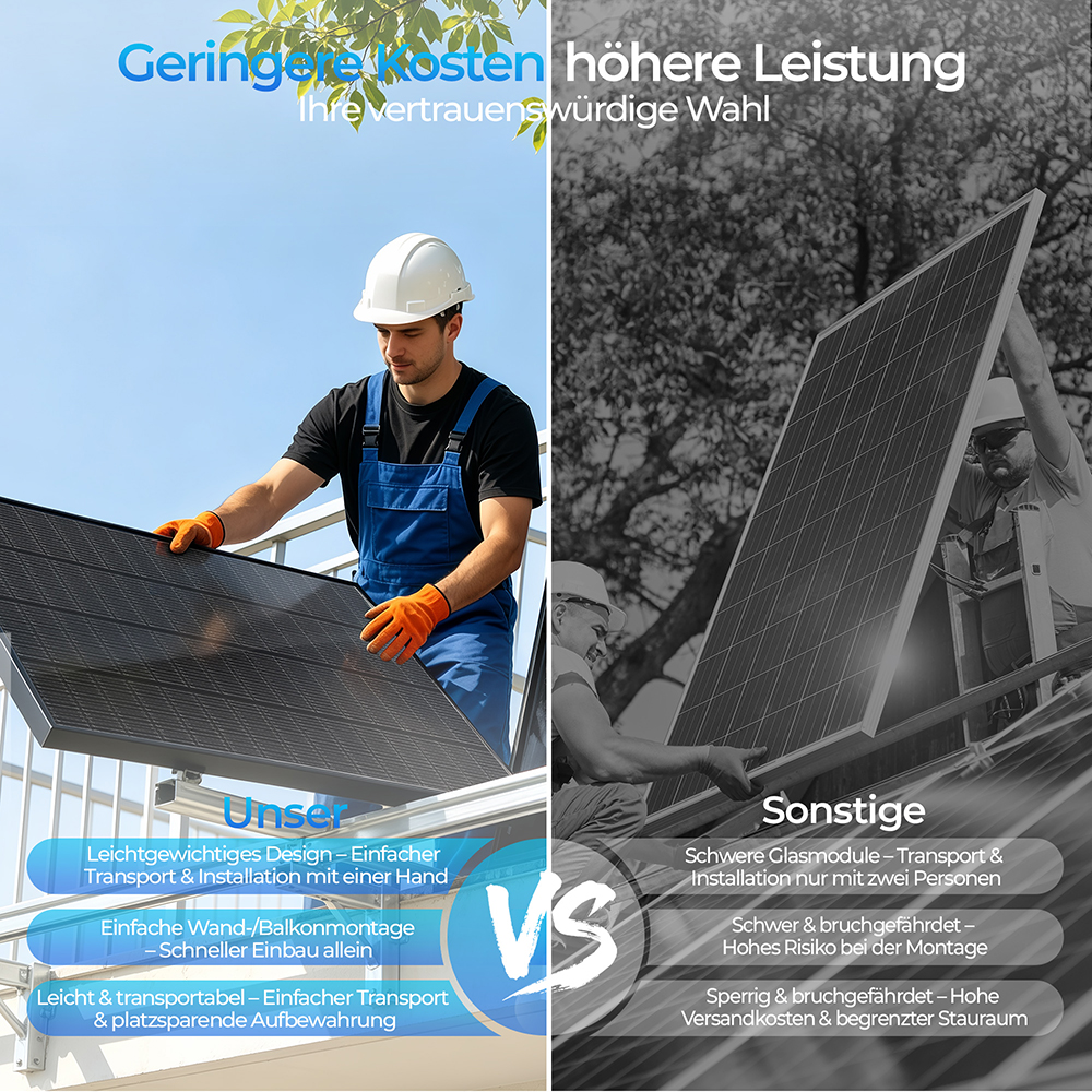 Mann mit Schutzhelm installiert Solarmodul. Vergleich von leichten zu schweren Modulen.