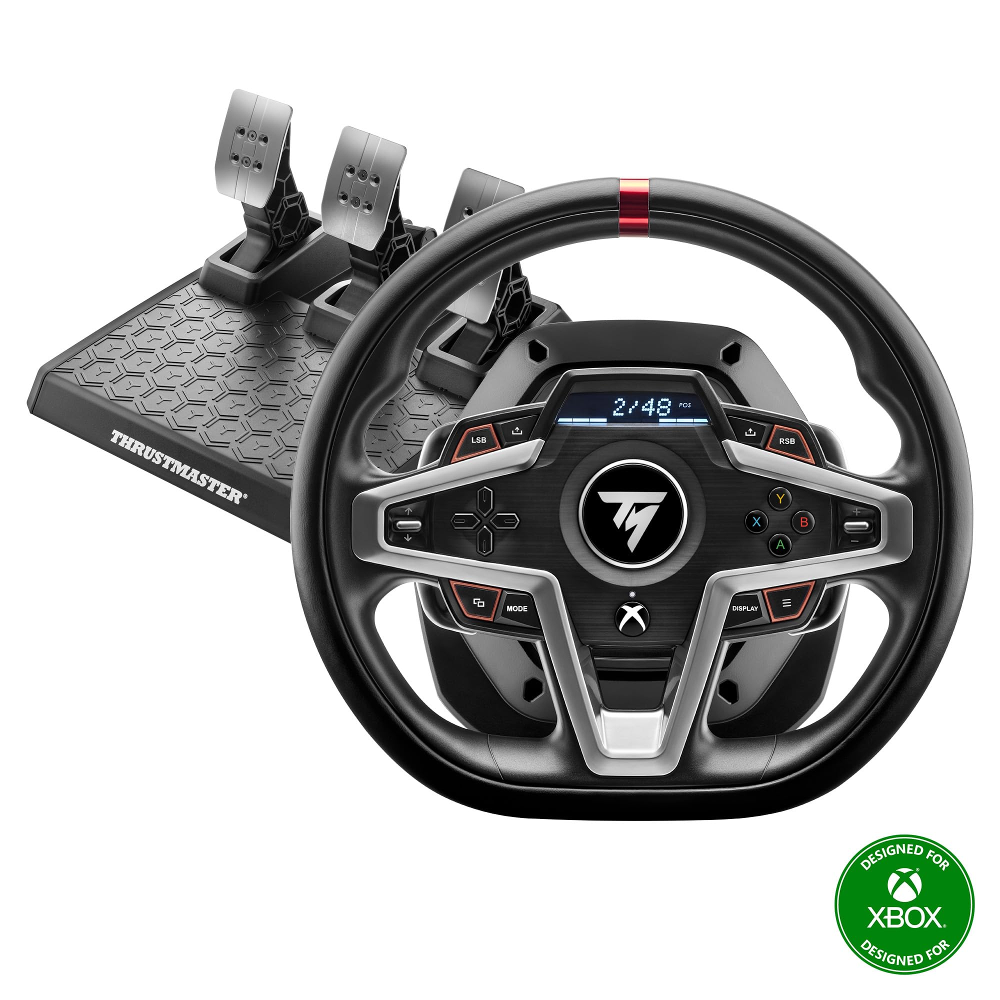 A racing wheel with pedals and Xbox logo, white background.