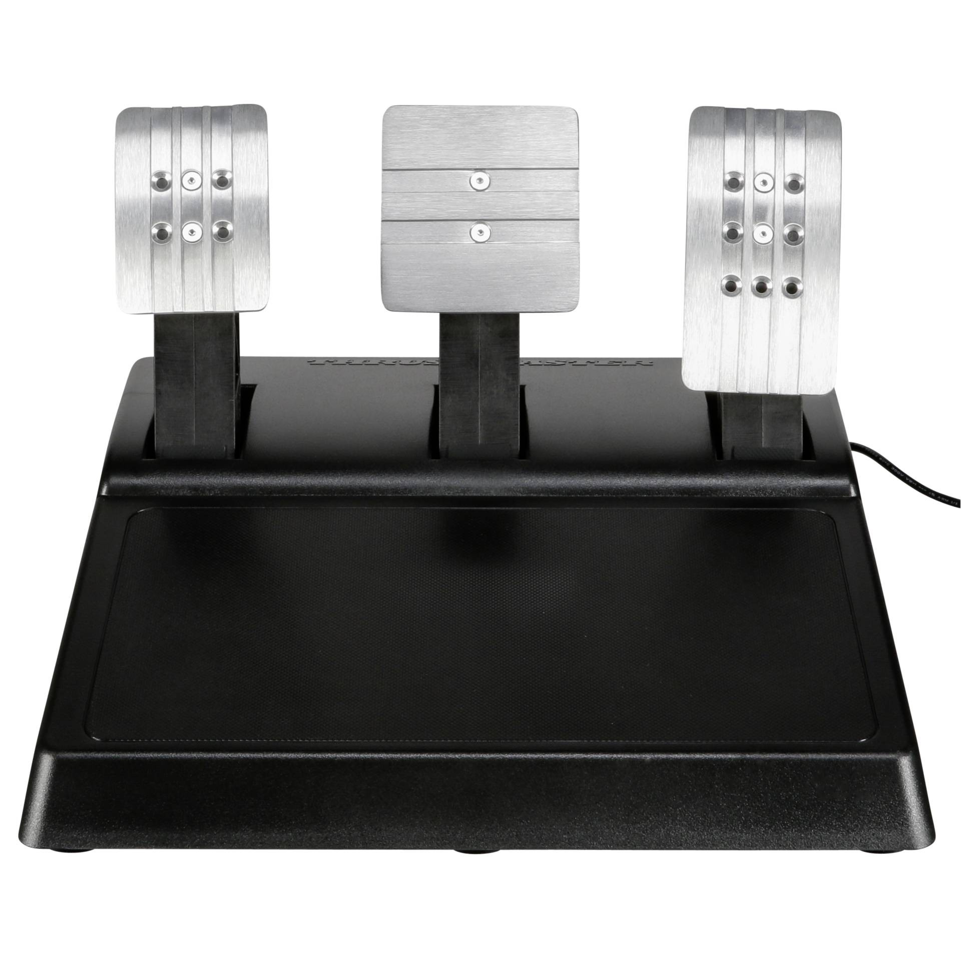 Three silver pedals on a black base, with a cable extending to the right.