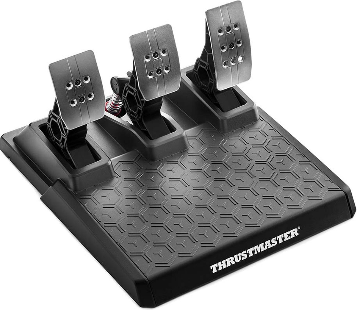 A black pedal set featuring three metal pedals on a textured base.