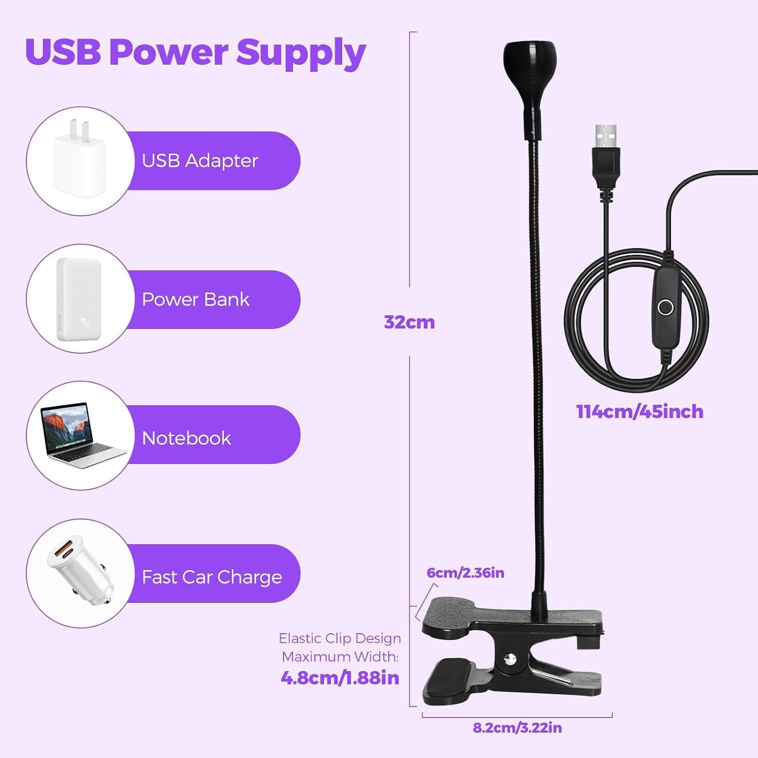 Ein schwarzes USB-Licht mit Klemme, USB-Adapter, Powerbank, Notebook und Autoladegerät.