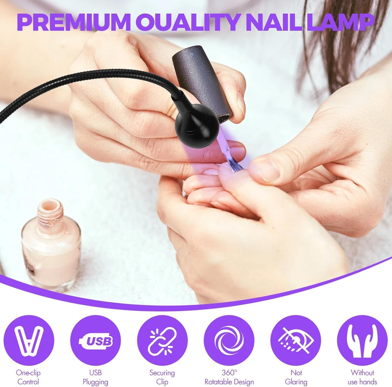 Eine Person trägt Nagellack unter einer flexiblen Lampe auf. Mehrere Symbole sind unten abgebildet.
