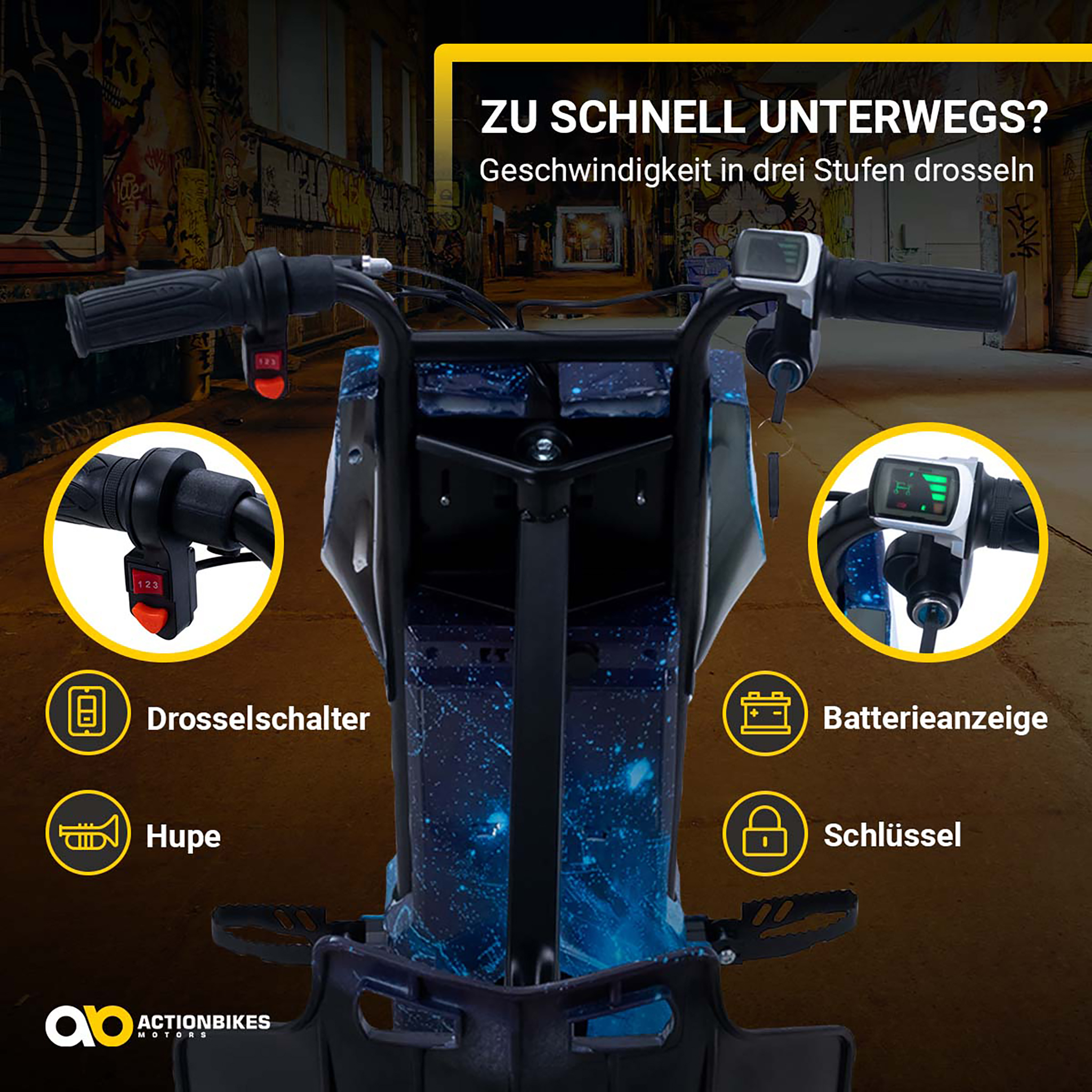 Roller-Lenker mit Bedienelementen, Batterieanzeige und Schloss.
