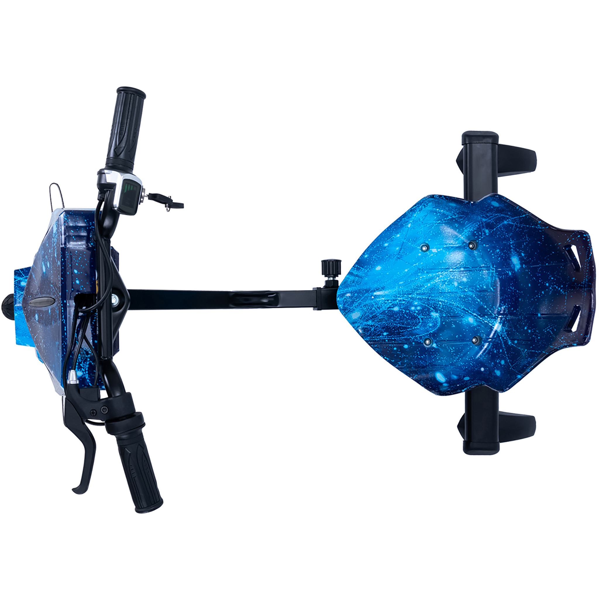 Ein dreirädriger Roller mit blauem Galaxiemuster, Lenker und Sitzfläche.