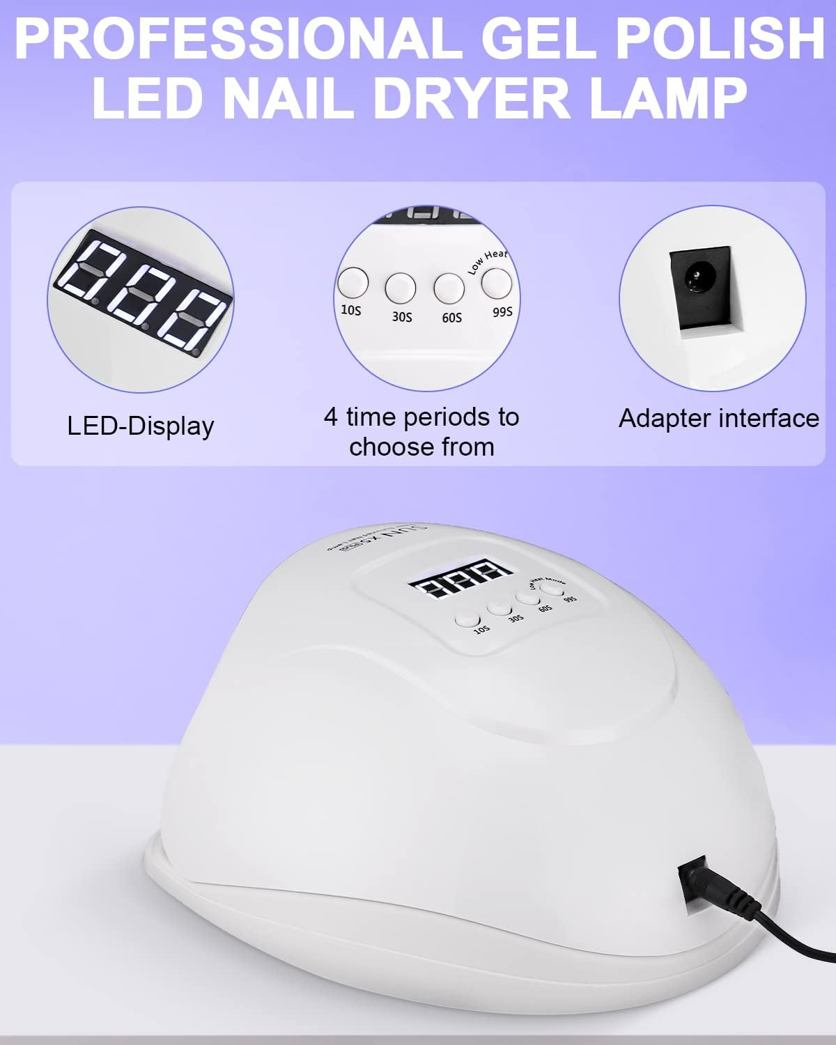 Weiße LED-Nageltrocknerlampe mit Timer und digitaler Anzeige. Adapteranschluss.