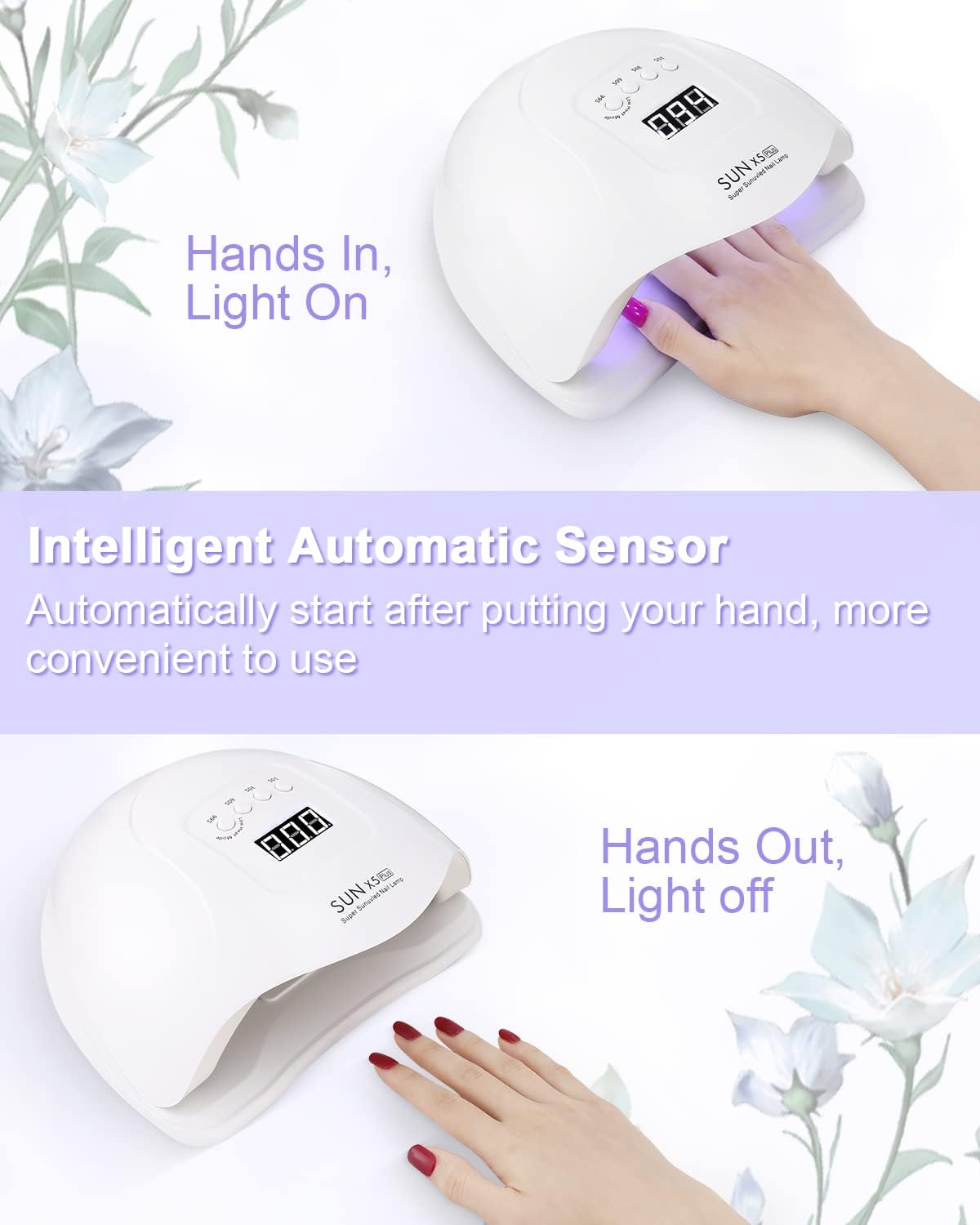Weiße UV-Nagellampe mit einer Hand darin, die Lichter sind an.