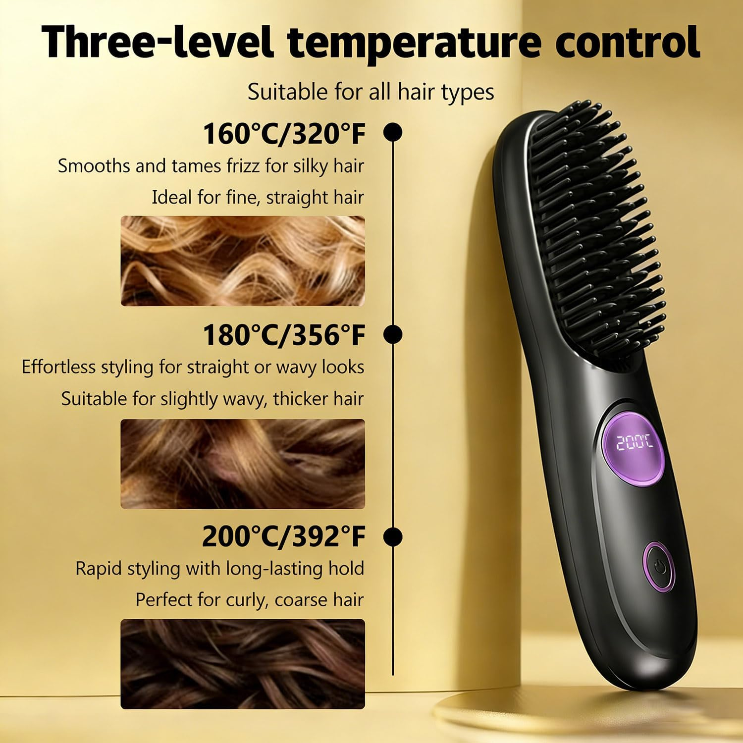 Ein schwarzer Glättebürstenkamm mit drei Temperatureinstellungen und Haarbildern.