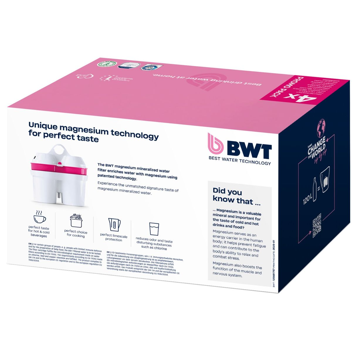 BWT Wasserfilter-Verpackung mit Text über Magnesium und Geschmack.