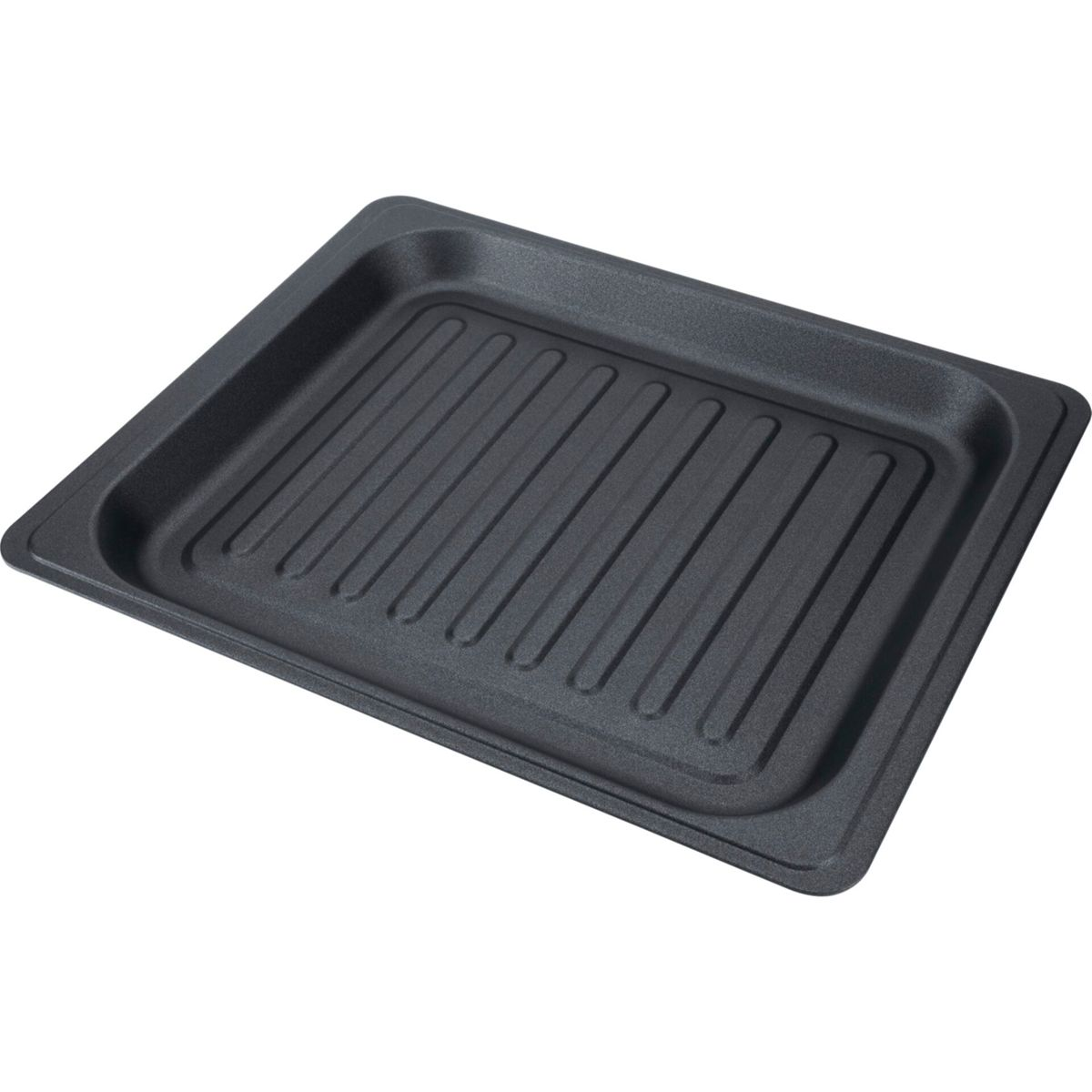 Eine dunkle, rechteckige Grillpfanne mit Rillen und erhöhten Rändern.