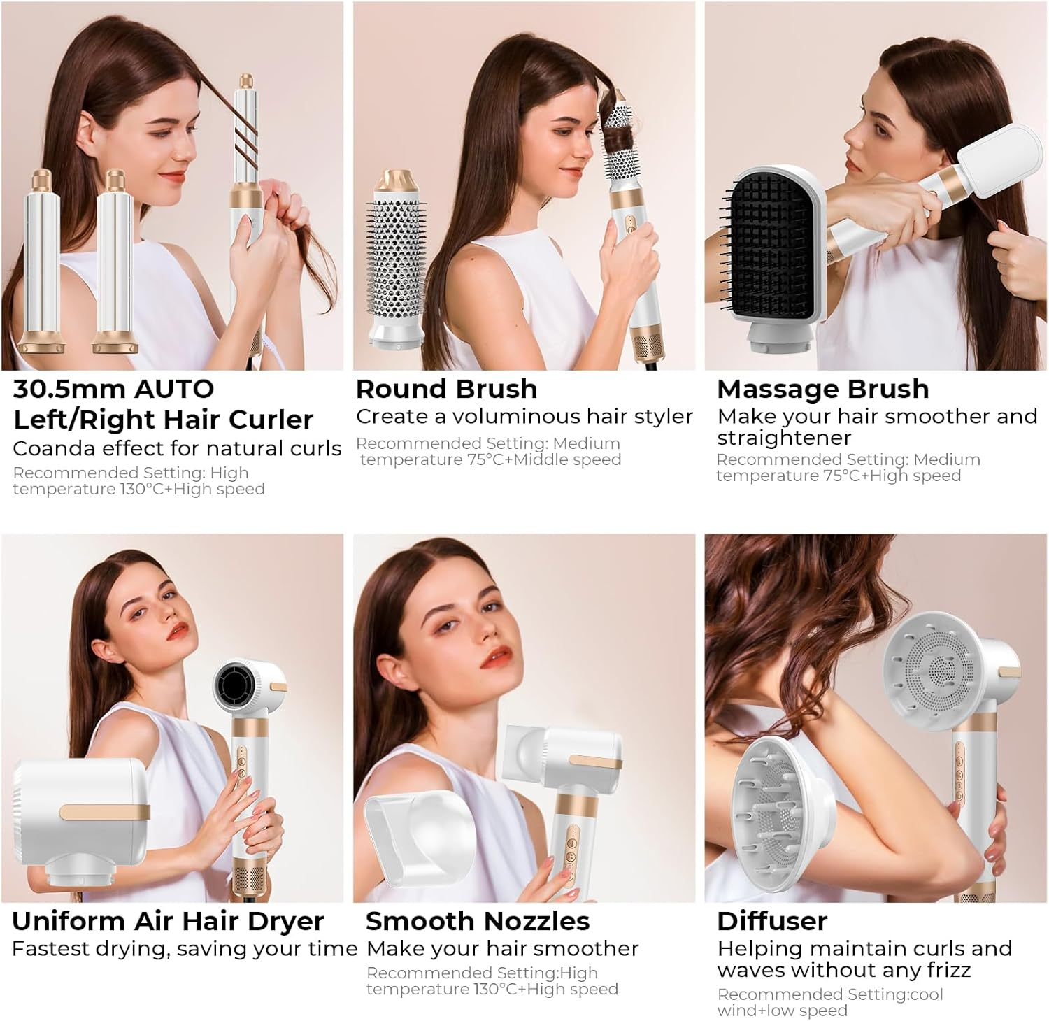 Sechs Haarpflegegeräte: Lockenstab, Rundbürste, Massagebürste, Föhn, Glättungsdüsen, Diffusor.
