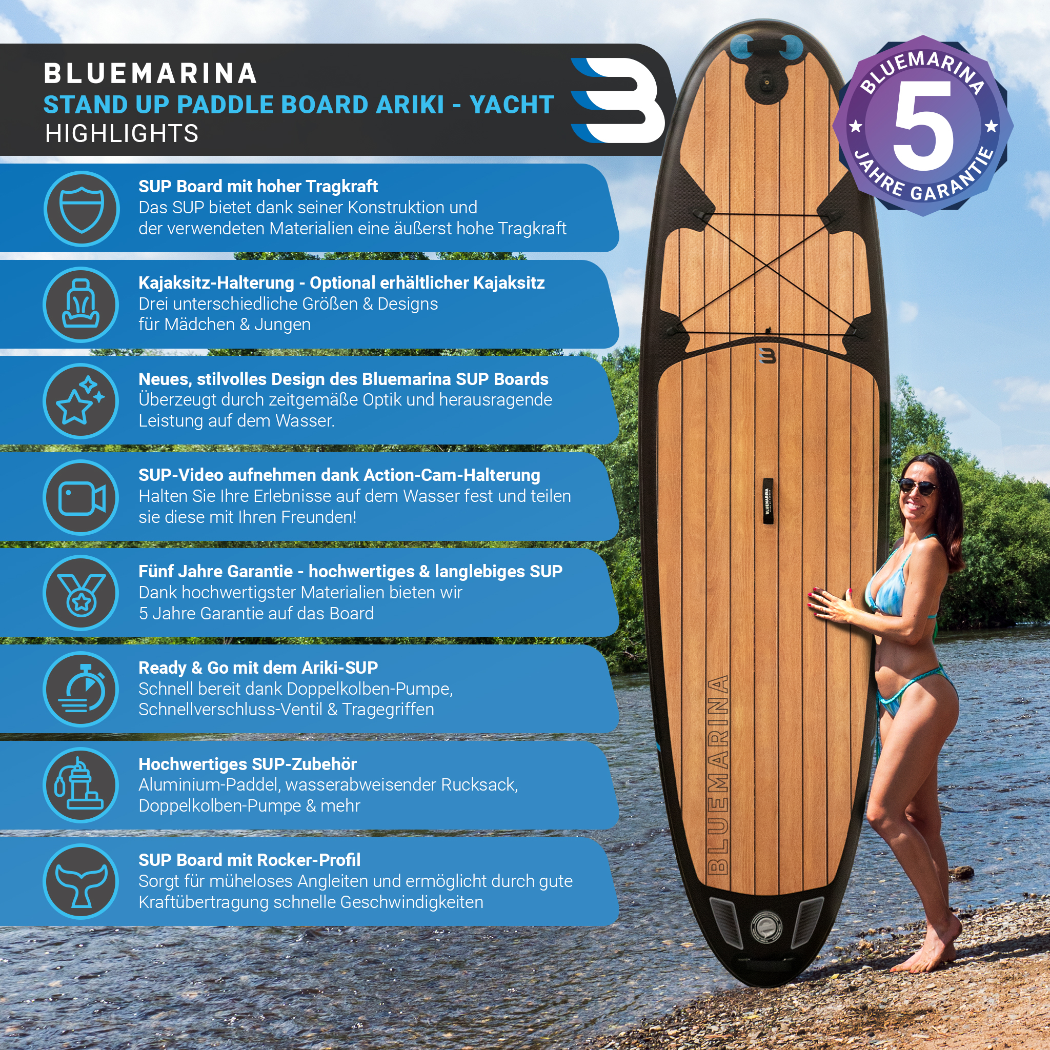 Bluemarina Stand Up Paddle Board mit Frau und Garantie-Logo.