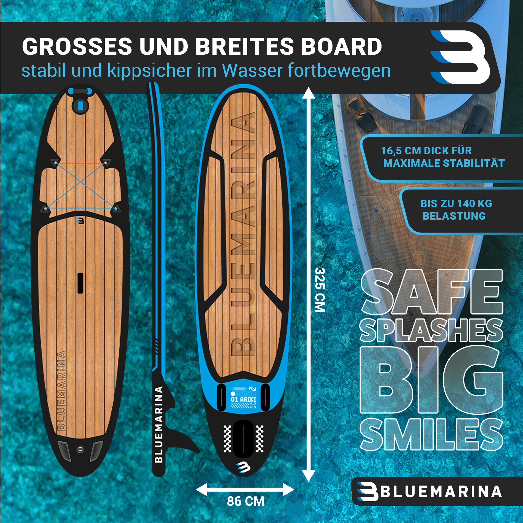 Stand-Up-Paddle-Board in Holzoptik mit blauen Akzenten, Maße und Belastbarkeit.