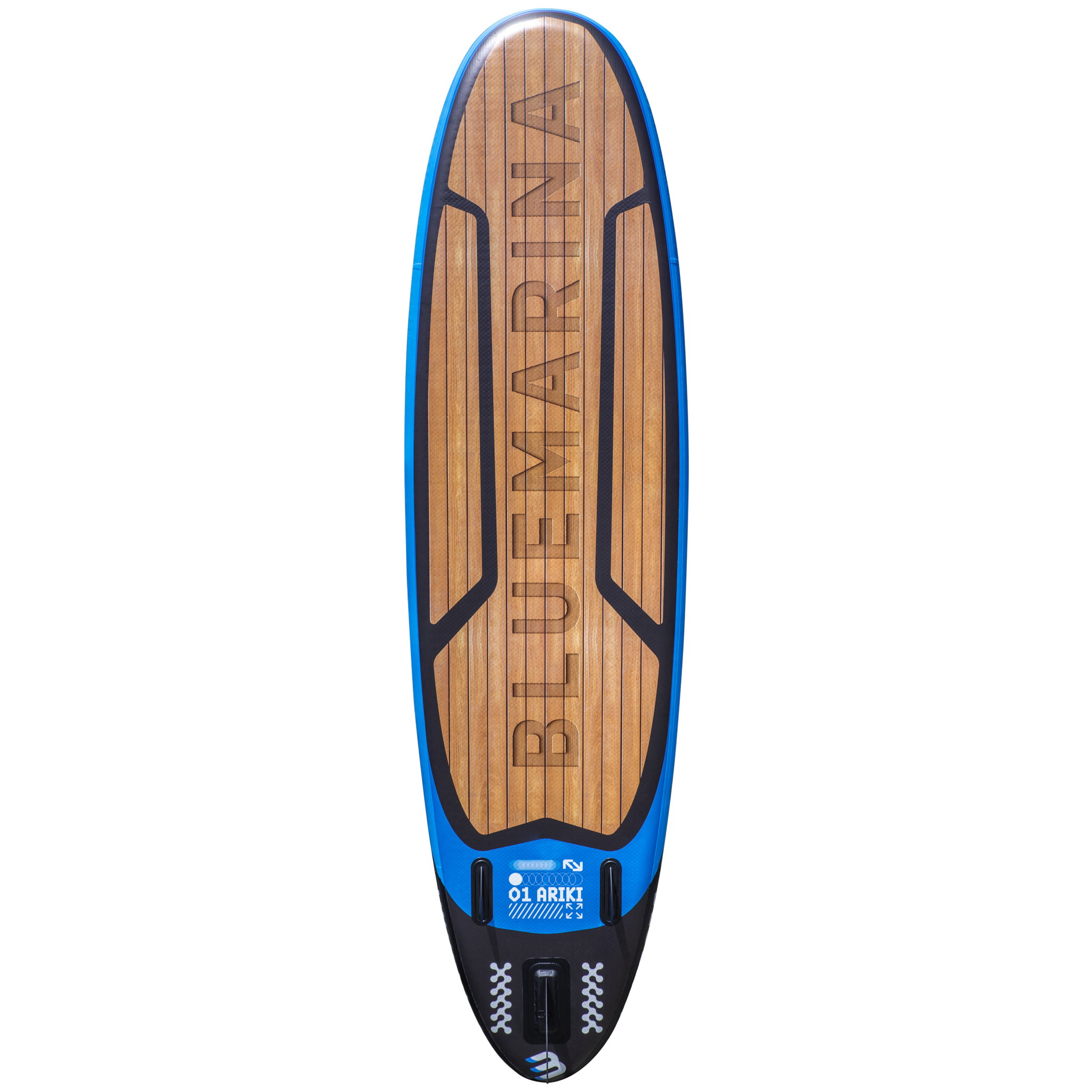 Ein blaues Stand-Up-Paddleboard mit Holzmaserung und dem Logo BLUEMARINA.