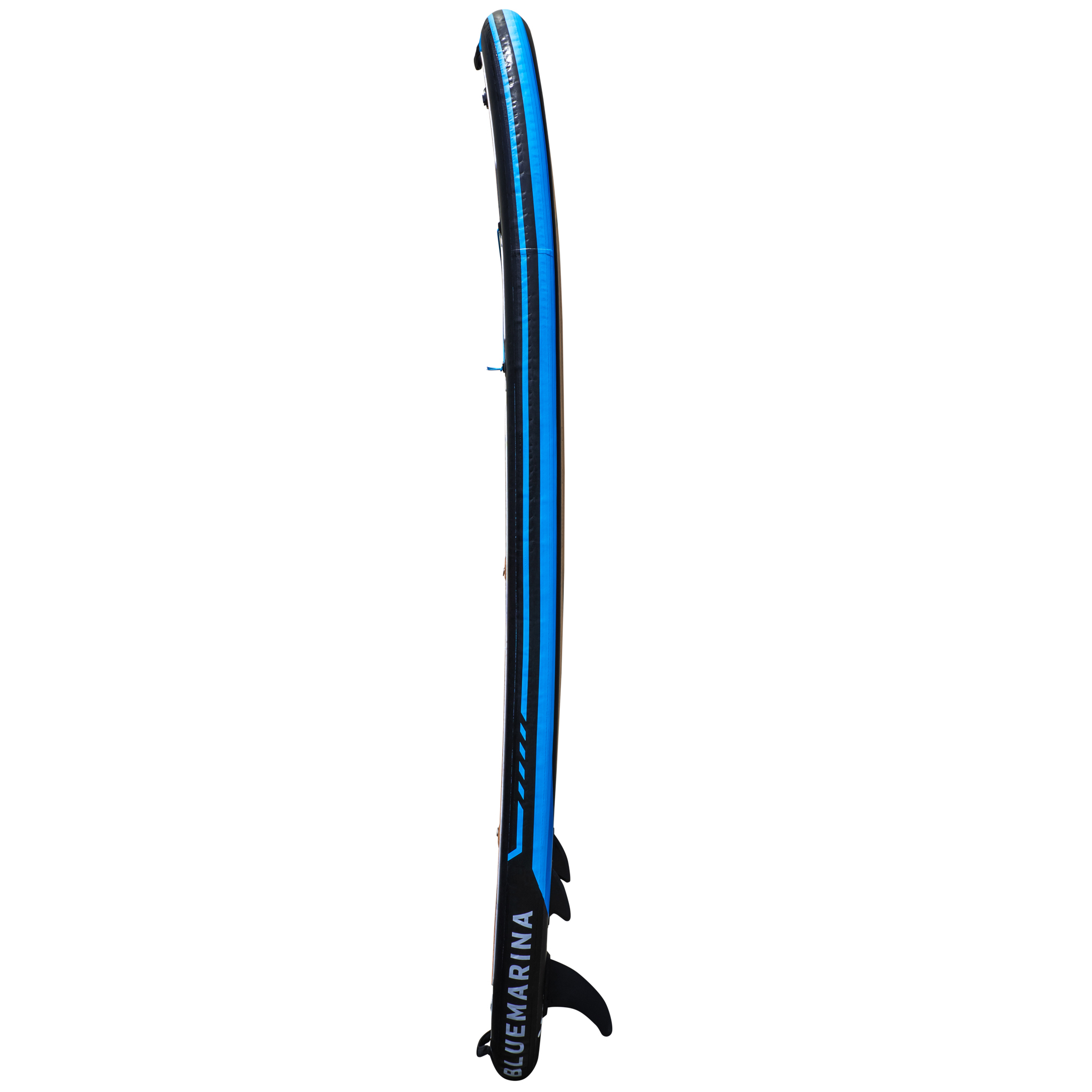 Ein aufblasbares Stand-Up-Paddleboard mit blauen und schwarzen Streifen und einem schwarzen Finnen.