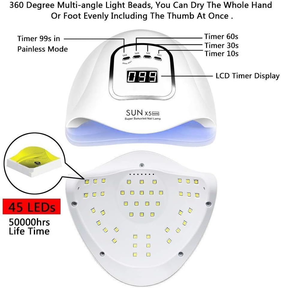 Eine weiße Nagellampe mit 45 LEDs, LCD-Timer und Timer-Tasten. Sie hat eine abnehmbare Basis.