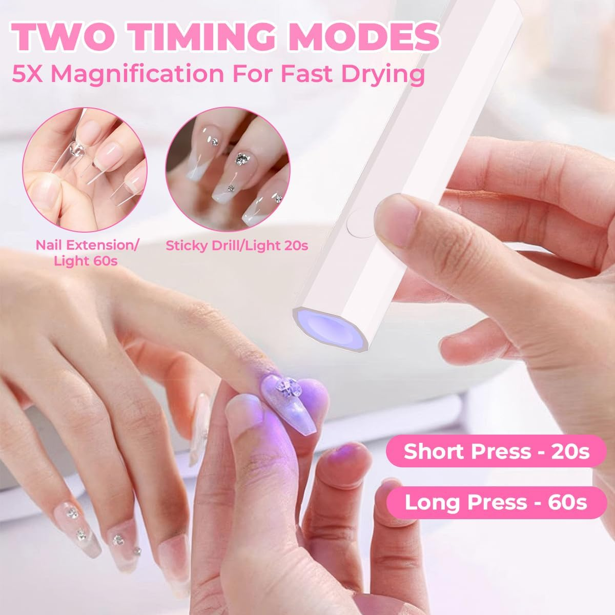 Nahaufnahme von Händen, die UV-Nagellampe für Gel-Maniküre verwenden.