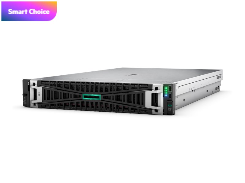 Siyah ön panel ve yeşil HPE logosuna sahip gümüş sunucu. Mor ve turuncu bir afiş 'Smart Choice' diyor.