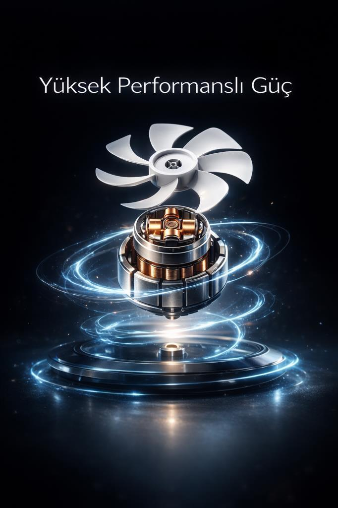 Siyah arka plan üzerinde mavi ışık spiraleri olan metalik çekirdeğin üzerinde bir fan.