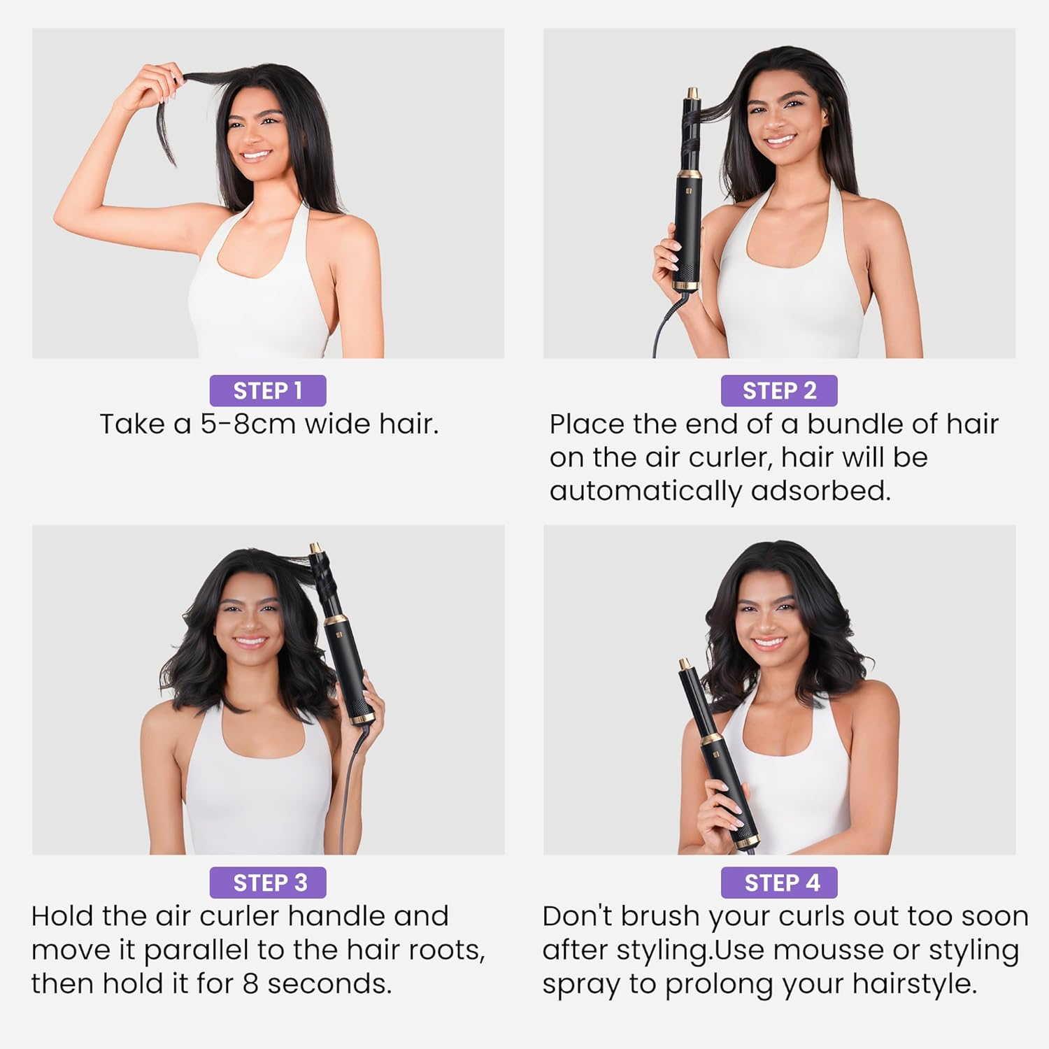 Schritt-für-Schritt-Anleitung für die Haarstyling-Anwendung mit einem Lockenstab.