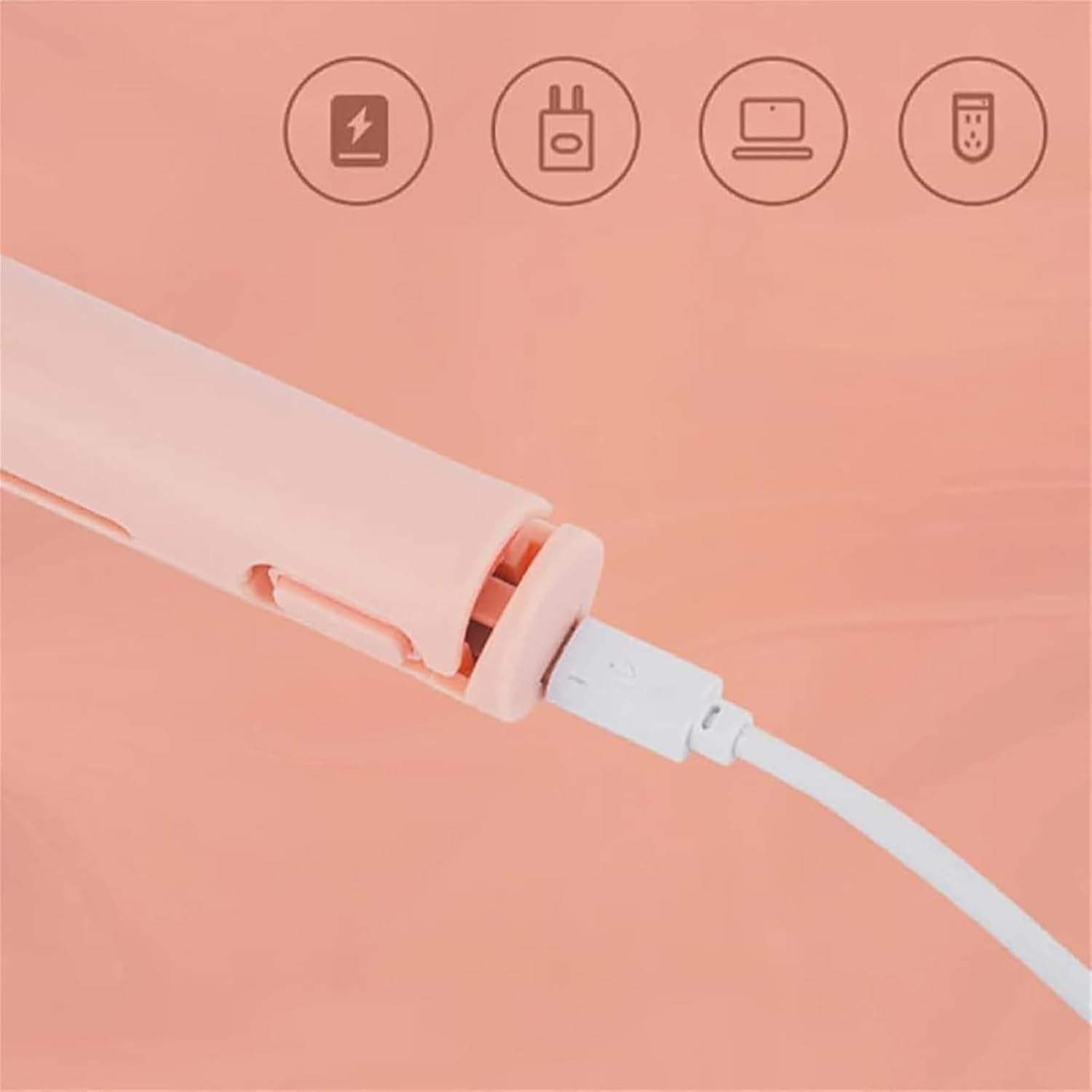 Ein pinkes Gerät ist mit einem weißen USB-Kabel auf pfirsichfarbenem Hintergrund mit Symbolen verbunden.