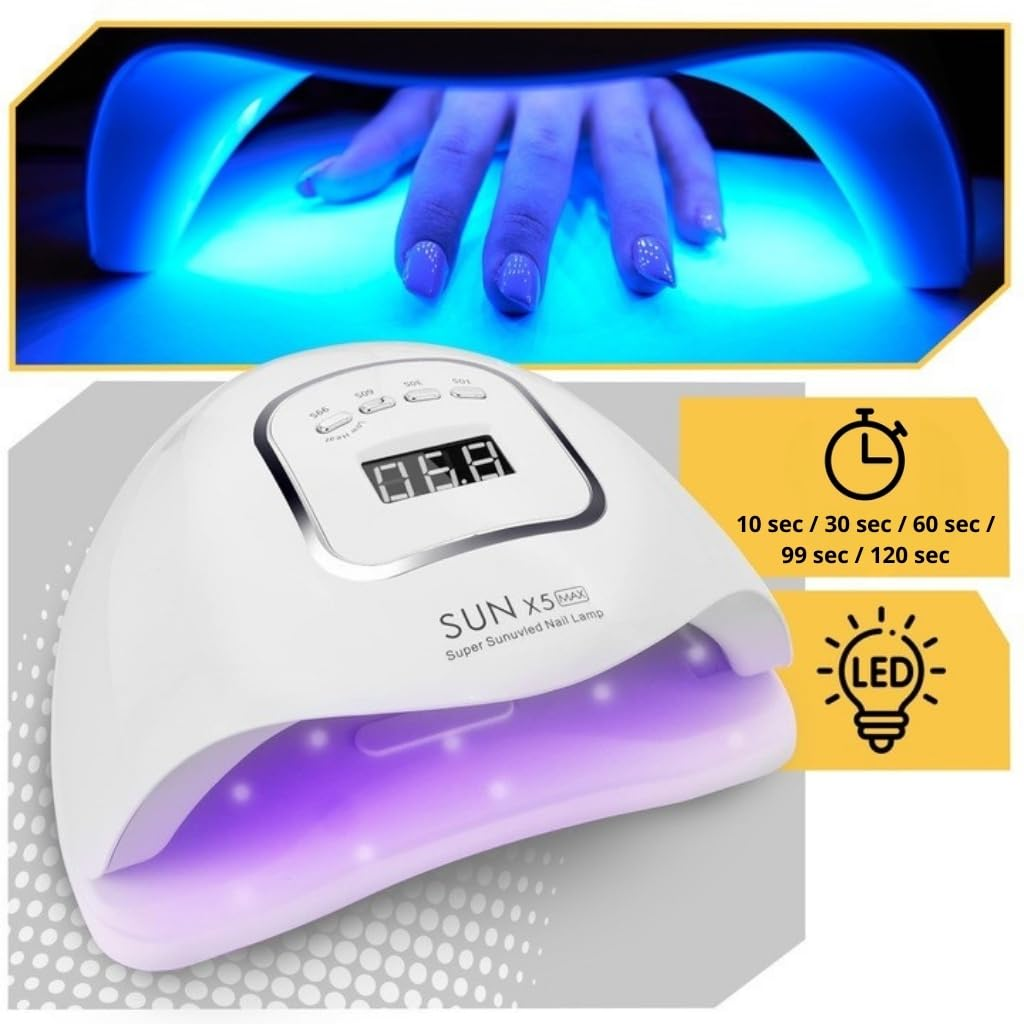 Eine weiße UV-Nagellampe mit einer Hand darin und blauer Beleuchtung.