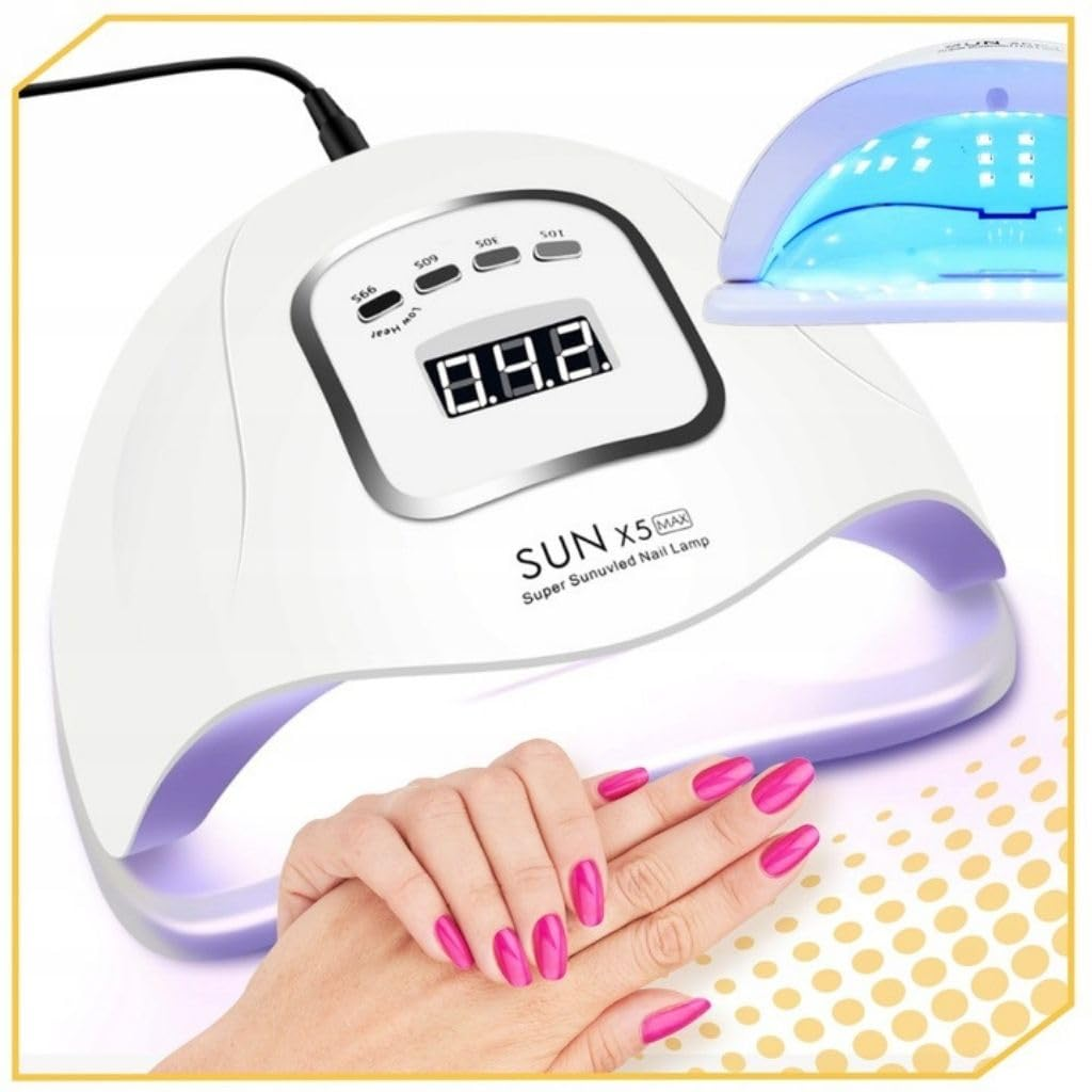 Weißes Nagel-LED-Gerät mit Digitalanzeige und einer Hand mit pinken Nägeln.