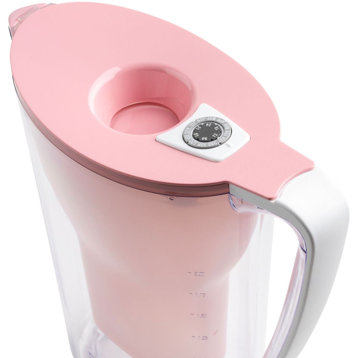 Eine rosafarbene Wasserfilterkanne mit transparentem Behälter und Datumsanzeige.