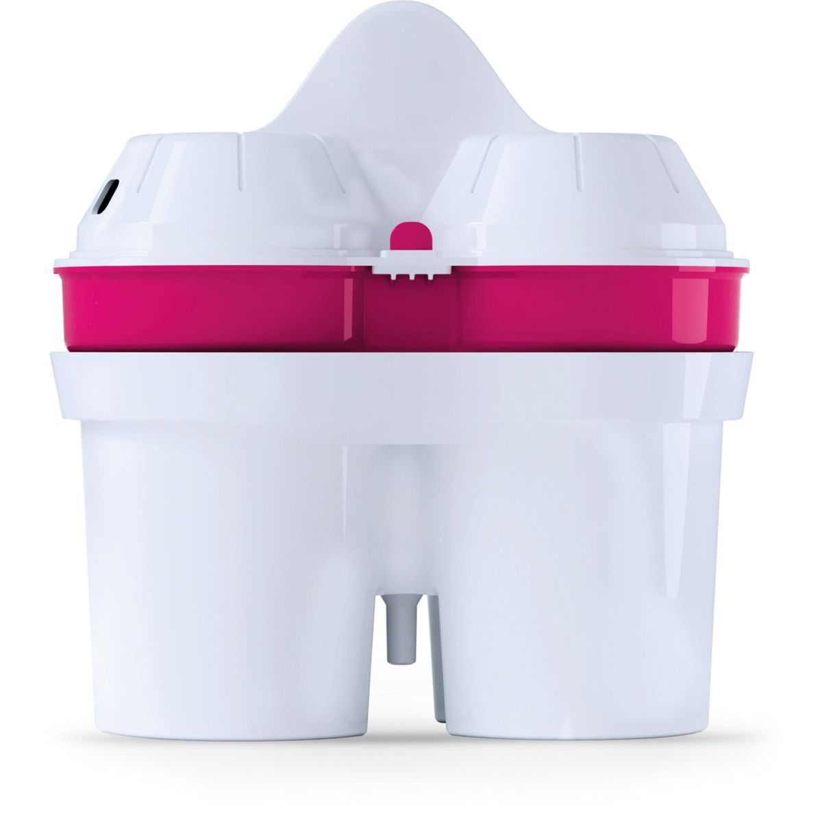 Ein weißer Wasserfilterkrug mit einem pinken Einsatz und einem weißen Deckel.