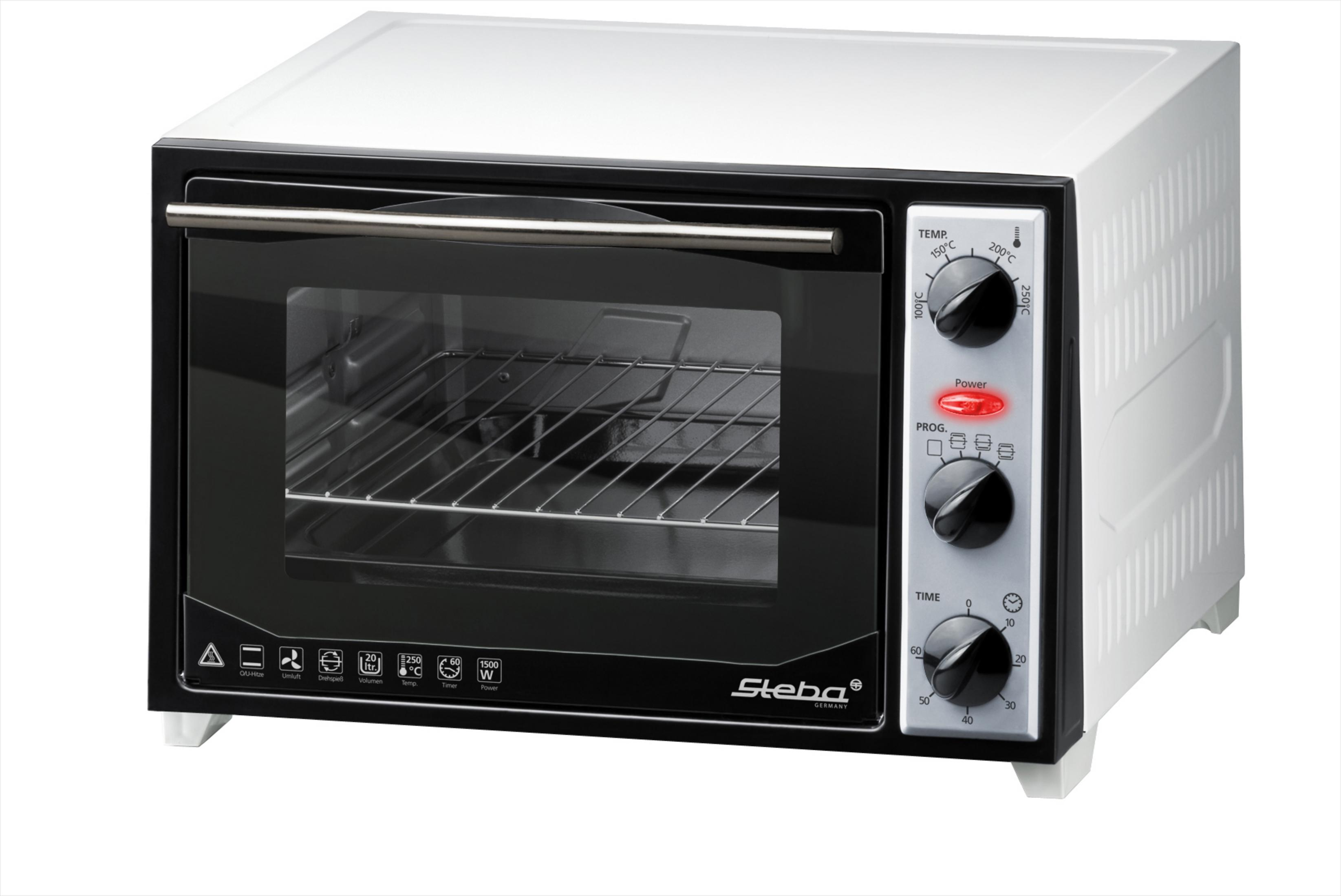 Ein weißer und schwarzer Tischbackofen mit drei Drehknöpfen und einem roten Power-Lämpchen.