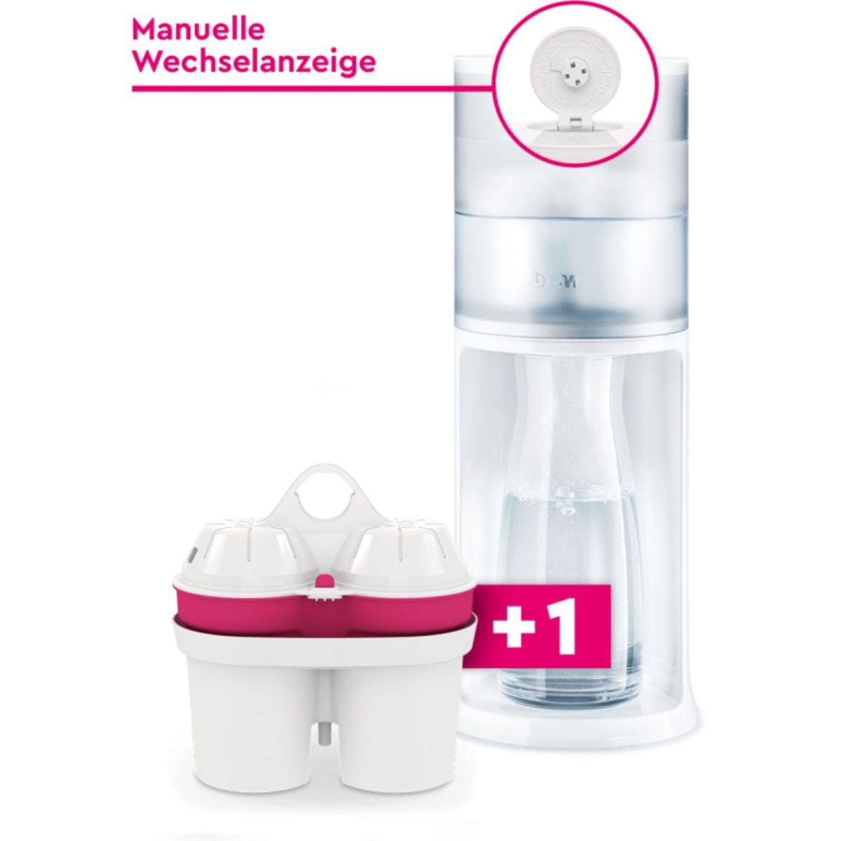 Ein Wasserfilter mit zwei Einsätzen und ein Wasserbehälter mit Anzeige.