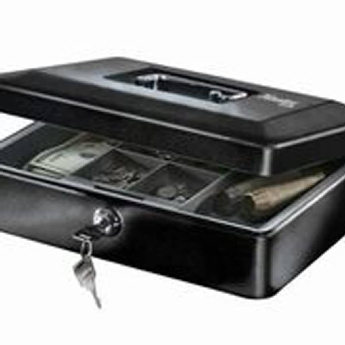 Una cassetta portadenaro nera aperta rivela banconote e monete in dollari USA. Una chiave è nella serratura.