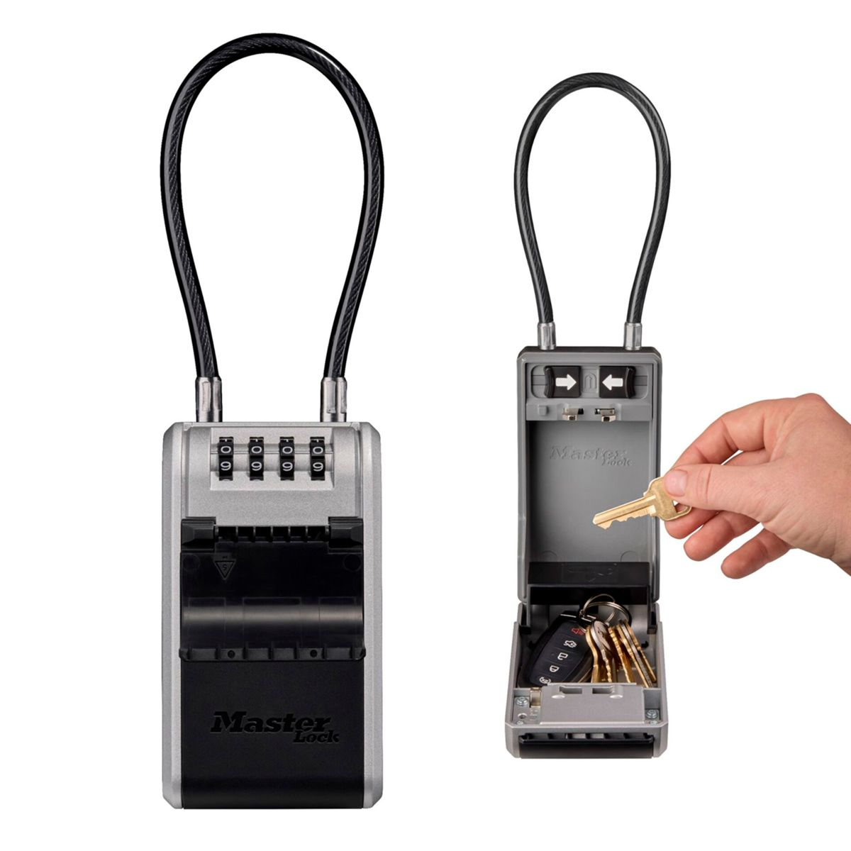 Due portachiavi Master Lock a combinazione. Uno chiuso, uno aperto con chiavi all'interno.