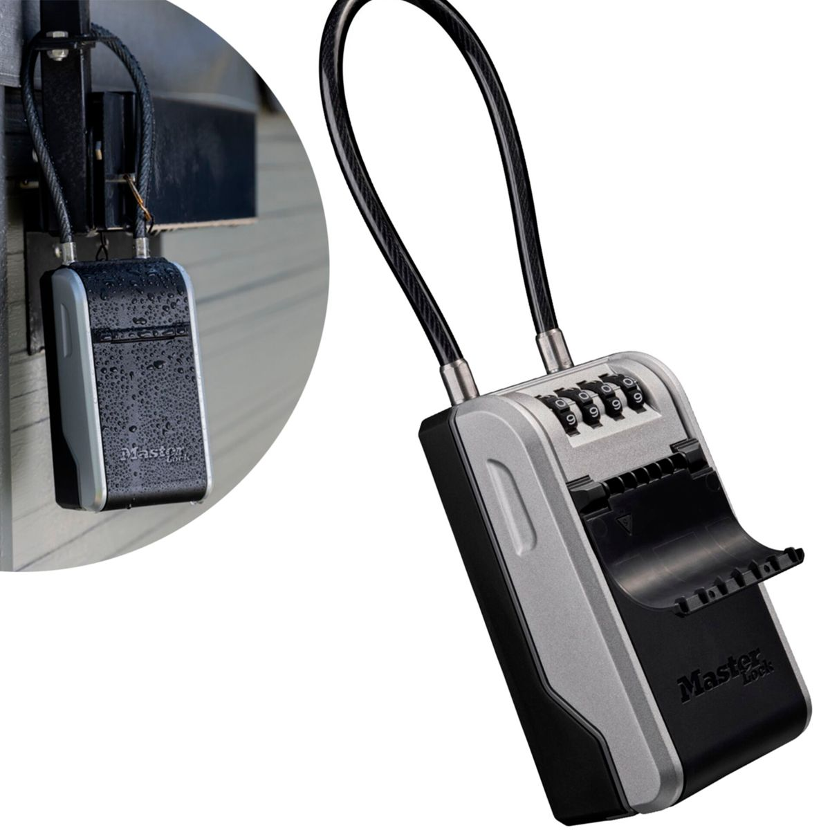 Una cassetta portachiavi Master Lock con lucchetto a combinazione e cavo.