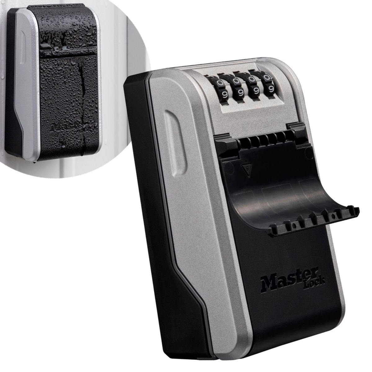 Viene mostrata una cassetta portachiavi Master Lock grigia e nera con combinazione a quattro cifre.