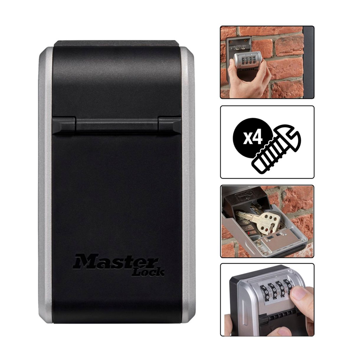 Cassetta portachiavi Master Lock con lucchetto a combinazione, viti e chiavi.