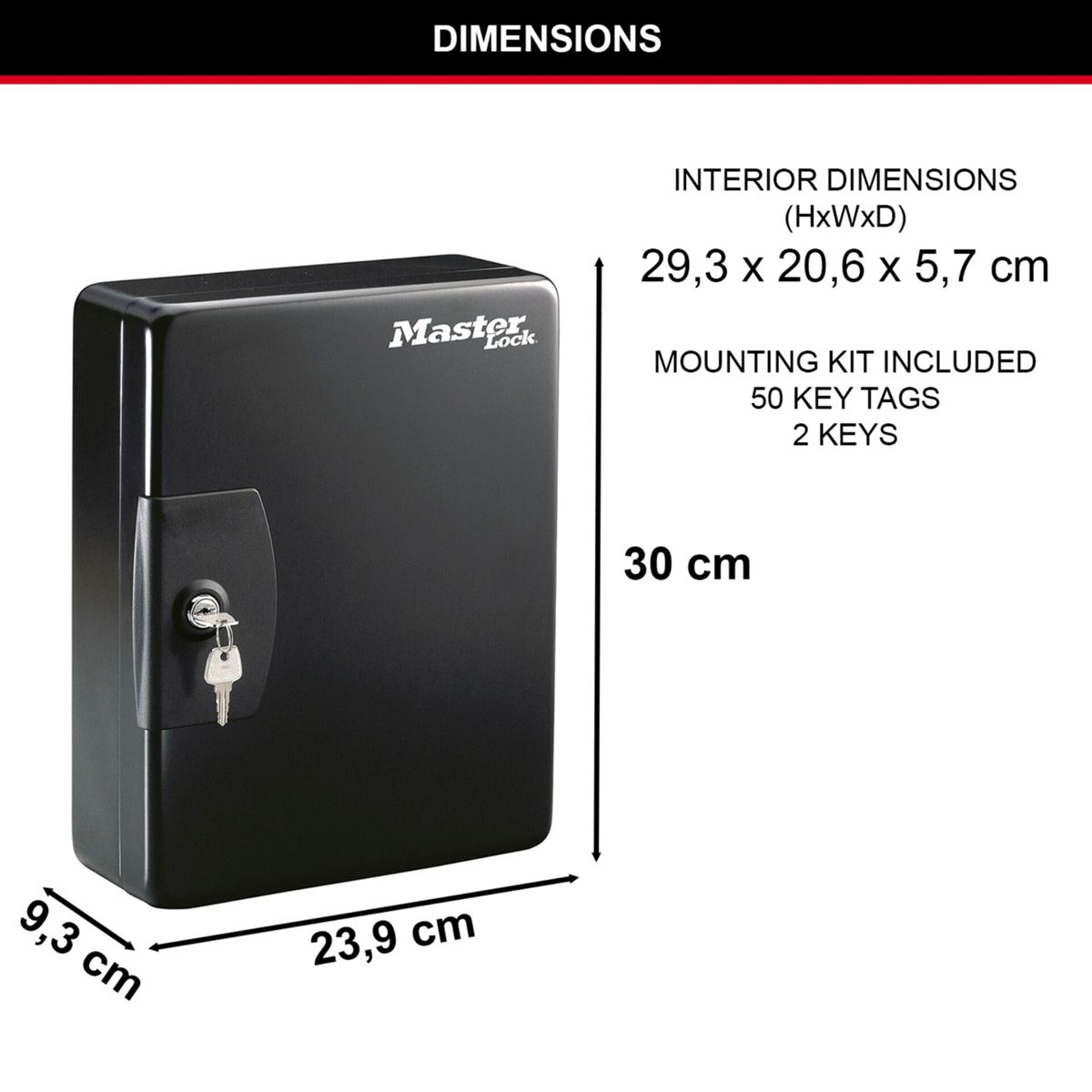 Mobile portachiavi nero Master Lock con dimensioni 23,9 x 9,3 x 30 cm.