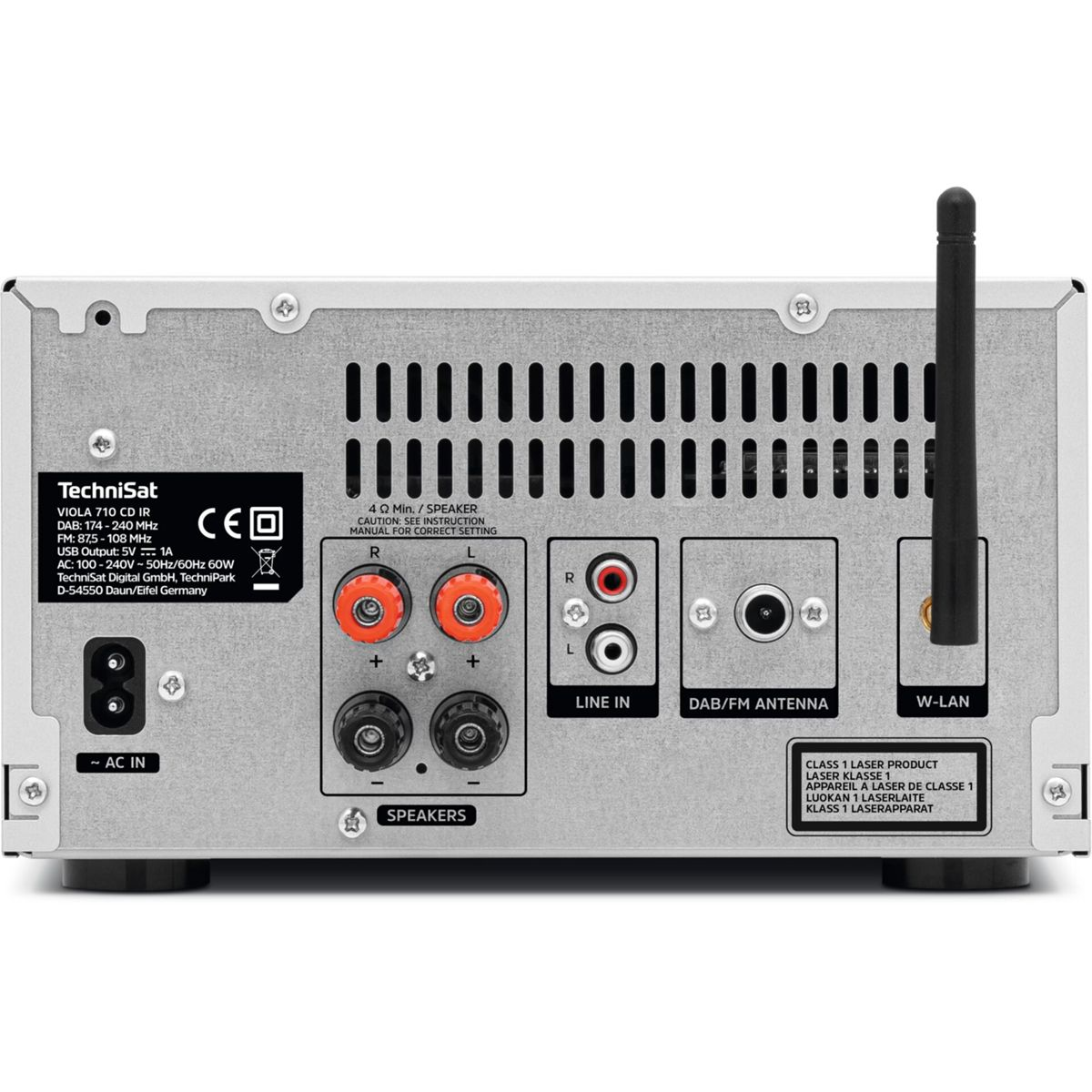 Retro di un TechniSat Viola 710 CD IR con connessioni: AC IN, Altoparlanti, Line In, Antenna DAB/FM, W-LAN.