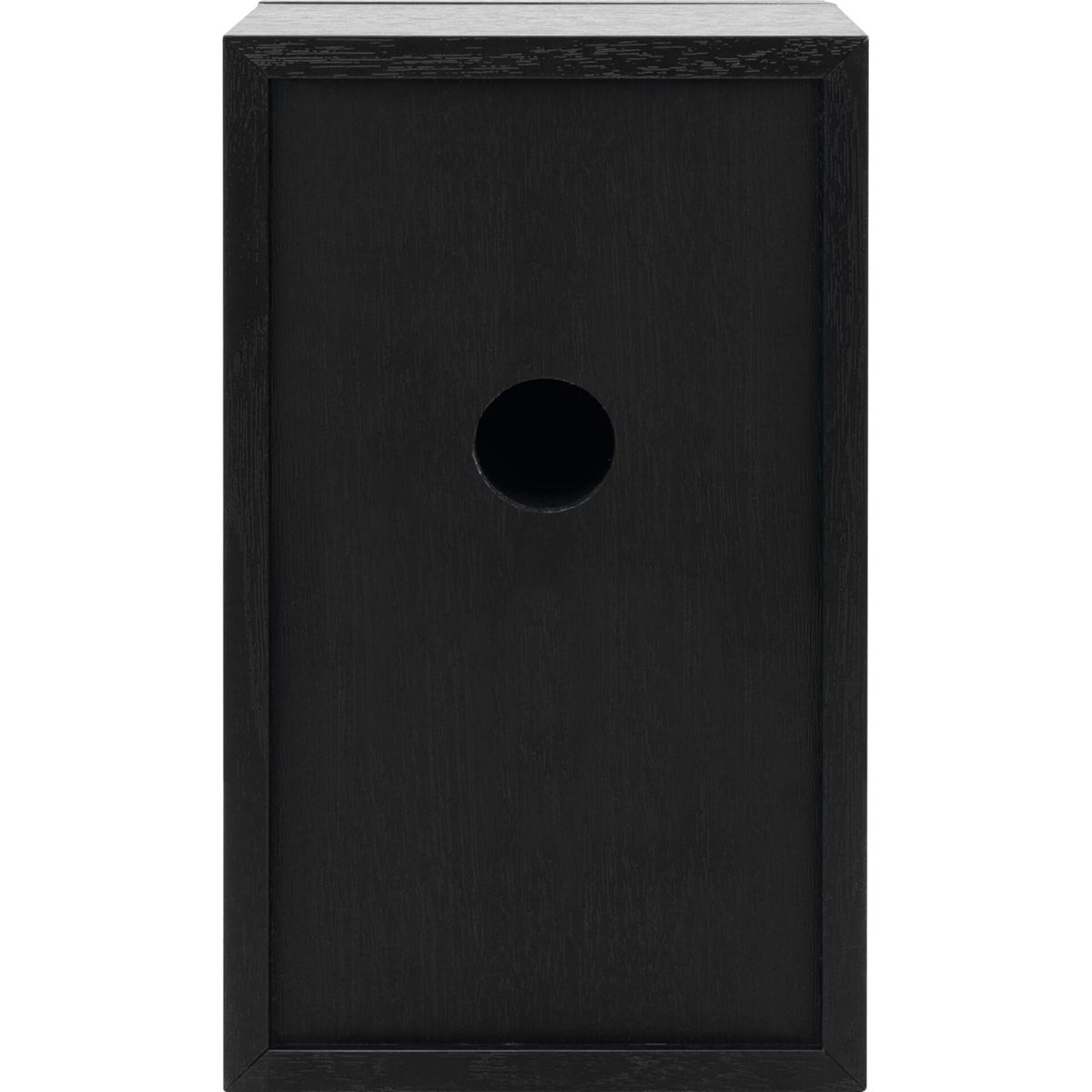 Mobile in legno nero con un foro rotondo al centro.