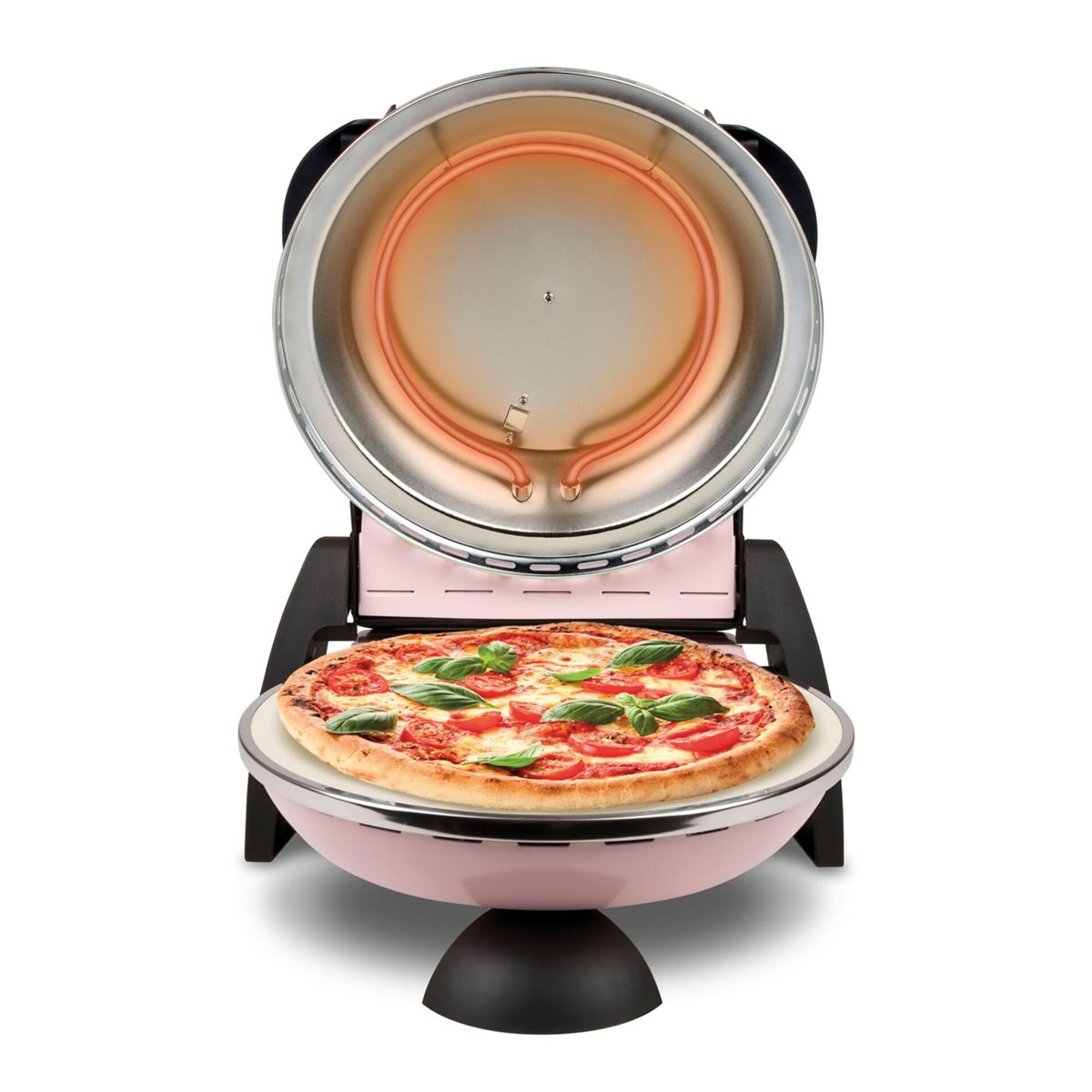 Un forno per pizza rosa con coperchio aperto, con una pizza pomodoro e basilico.