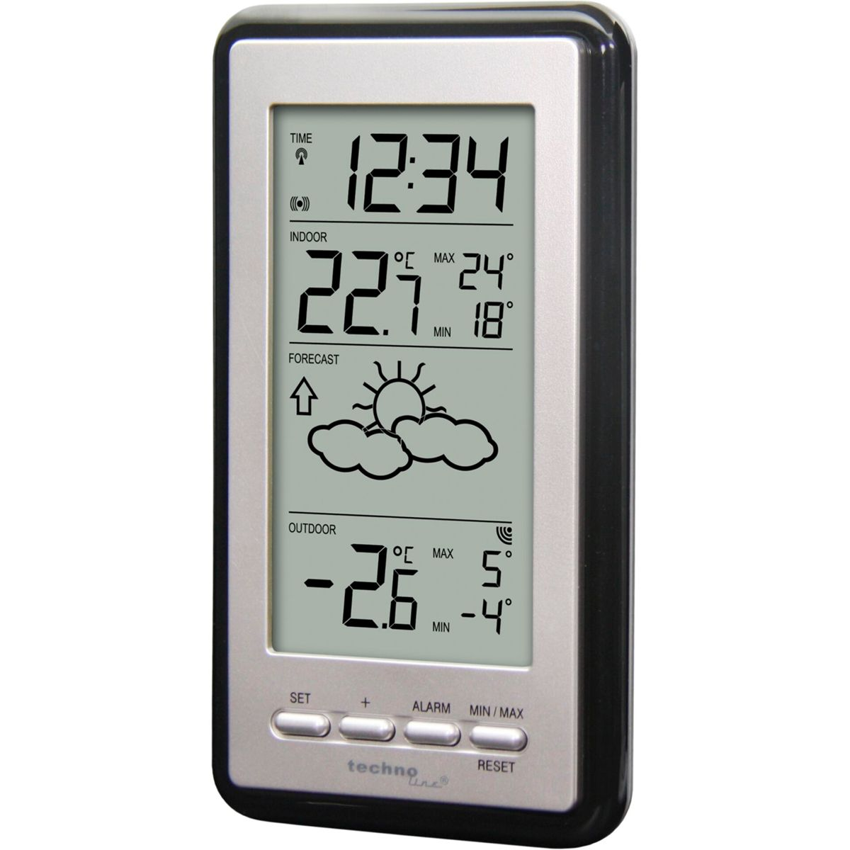 Estación meteorológica digital mostrando hora, temperatura interior y exterior, y pronóstico.