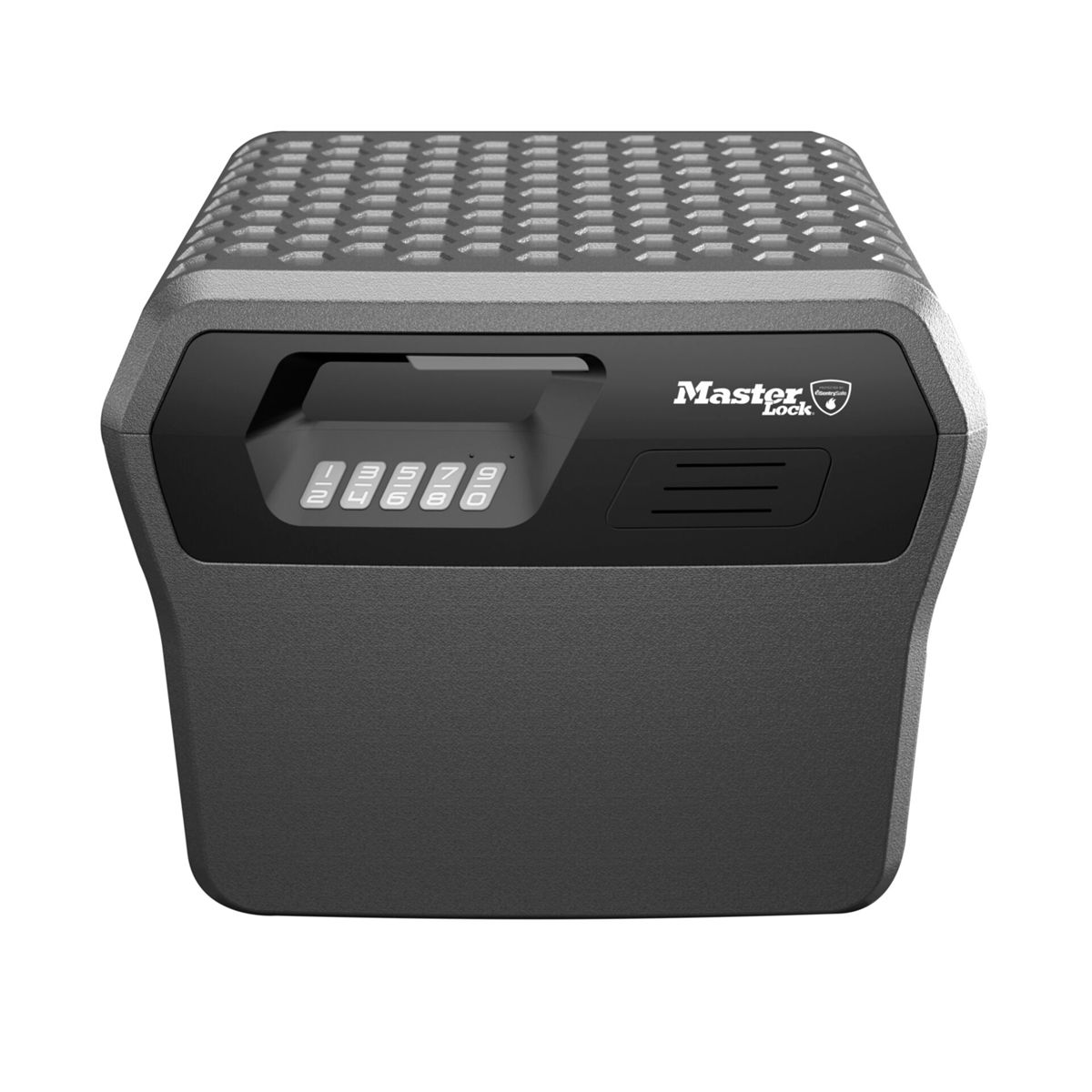 Cassaforte grigia con tastierino digitale e logo Master Lock.