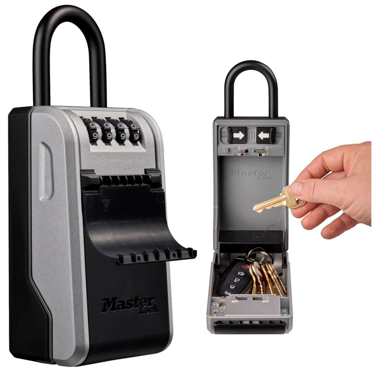 Due portachiavi Master Lock: uno chiuso con combinazione, uno aperto con chiavi e mano.